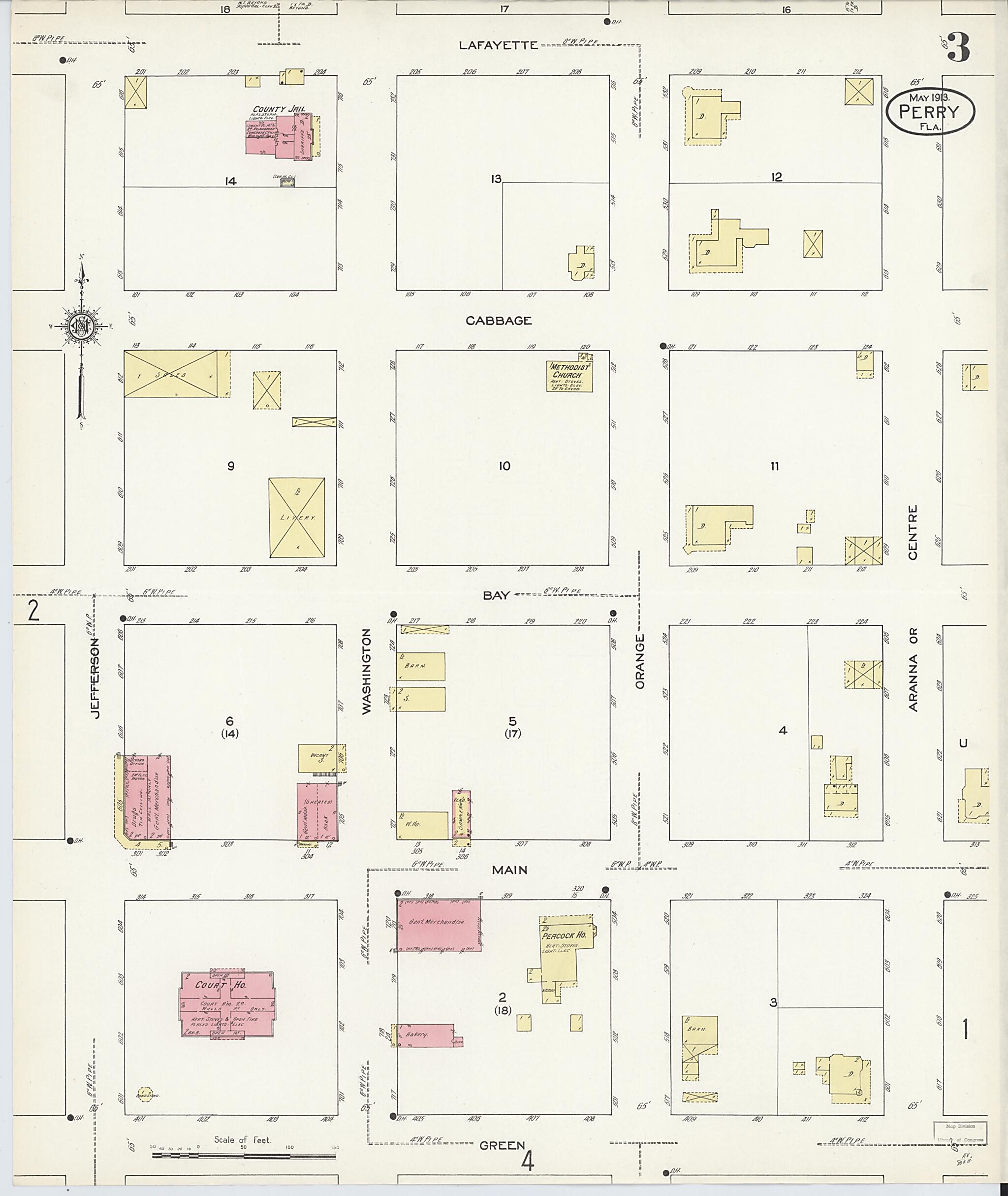 This old map of Perry, Taylor County, Florida was created by Sanborn Map Company in 1913