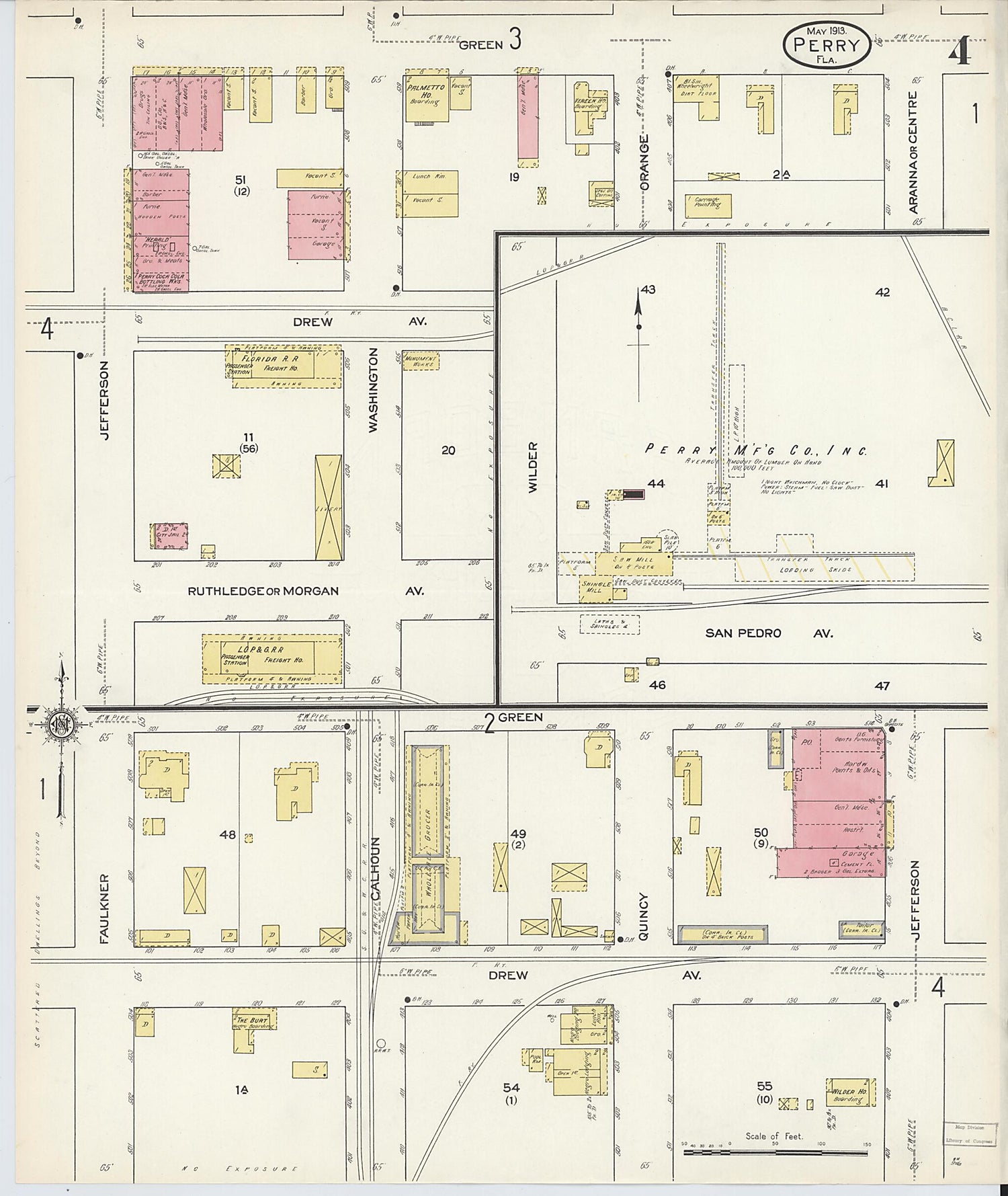 This old map of Perry, Taylor County, Florida was created by Sanborn Map Company in 1913