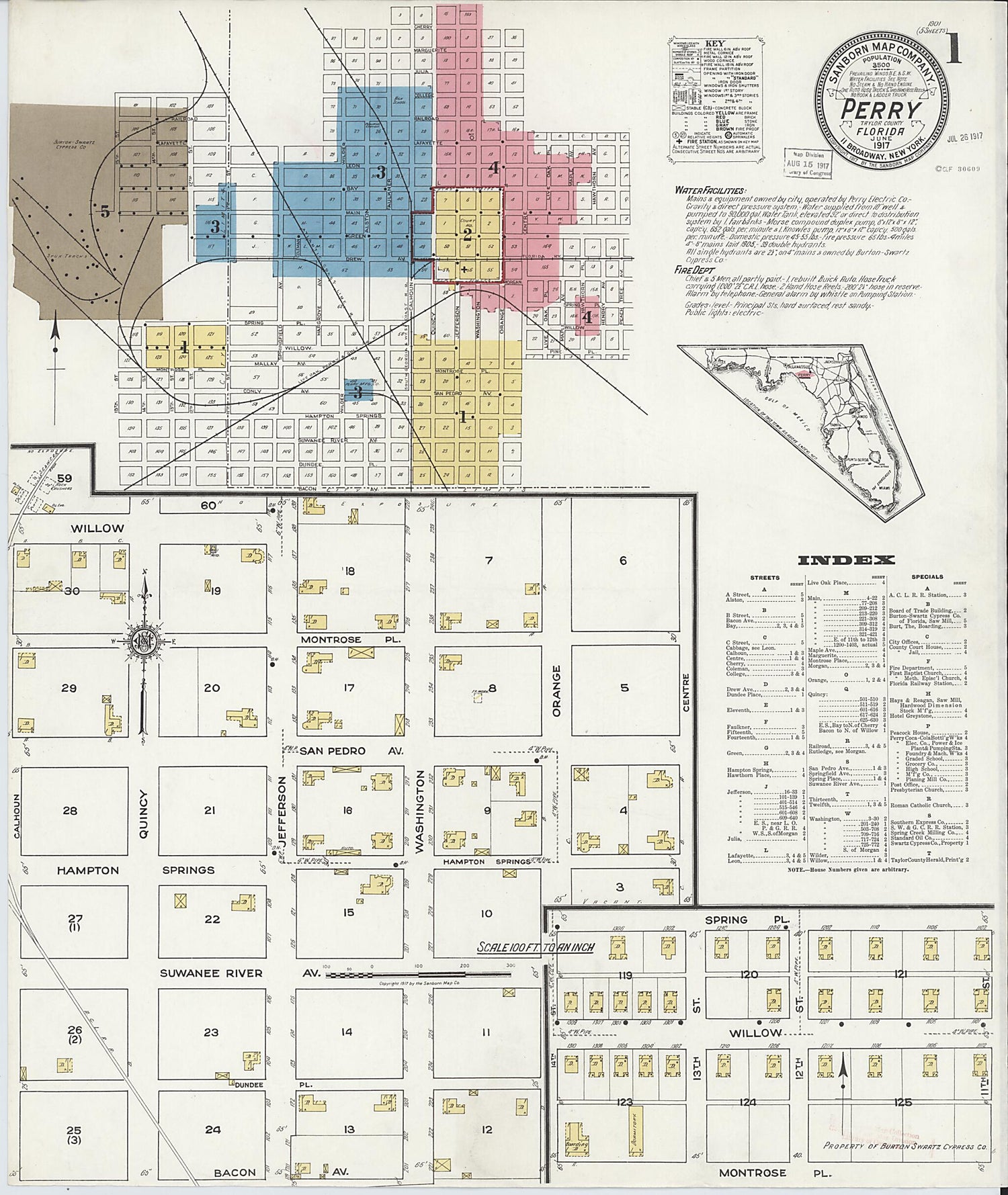 This old map of Perry, Taylor County, Florida was created by Sanborn Map Company in 1917