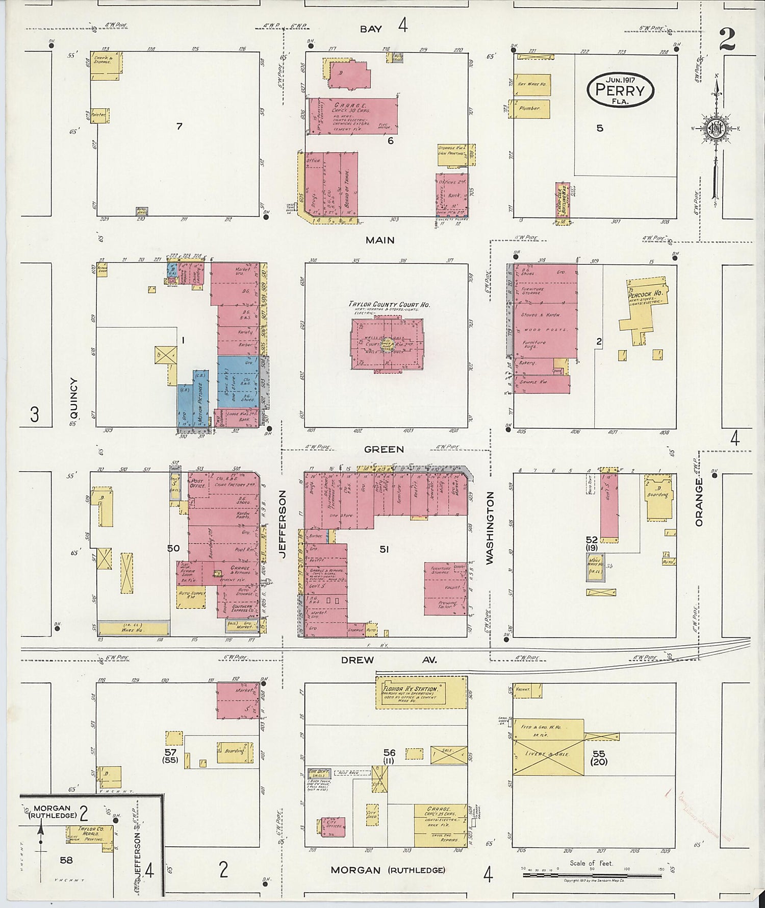 This old map of Perry, Taylor County, Florida was created by Sanborn Map Company in 1917