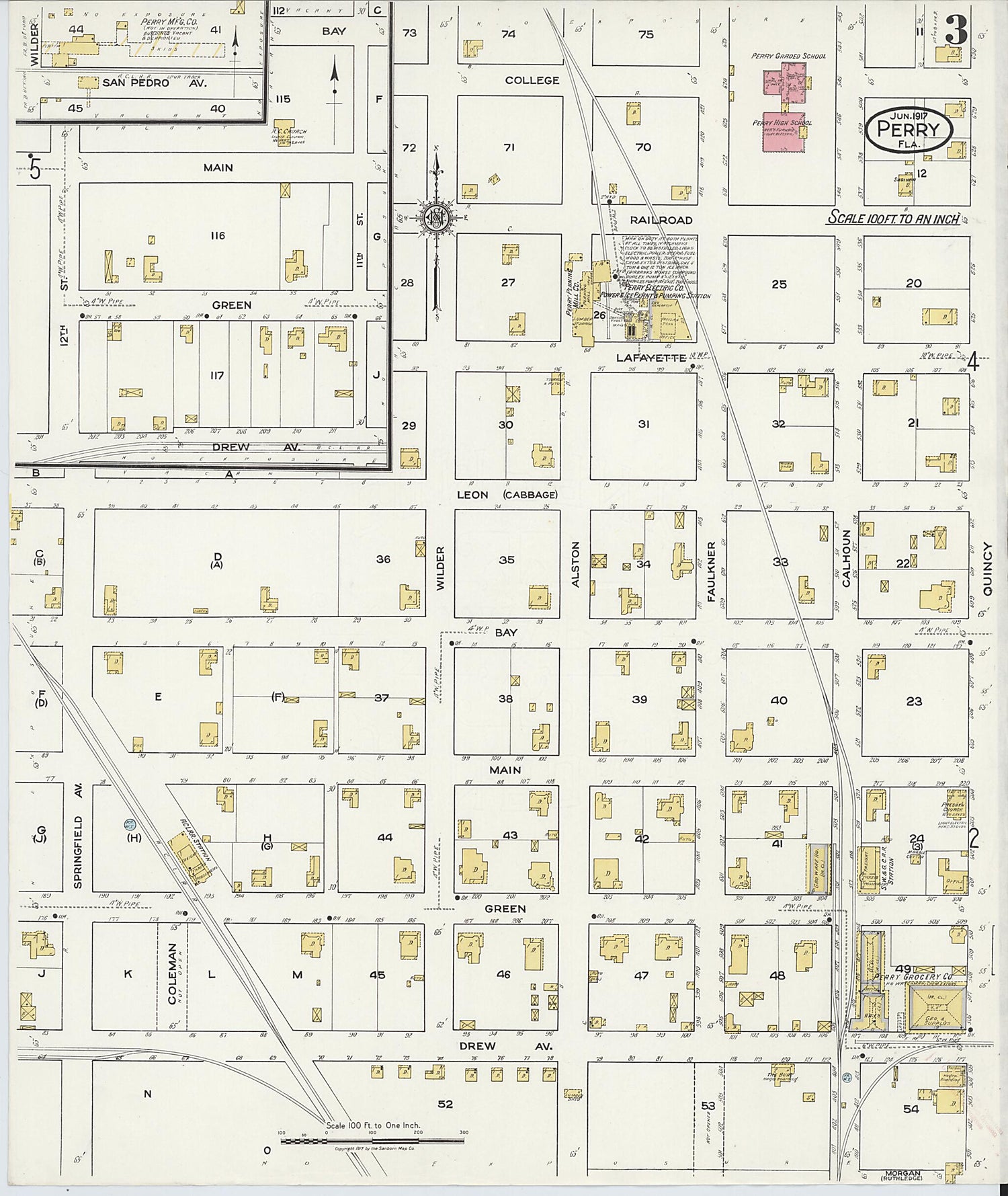 This old map of Perry, Taylor County, Florida was created by Sanborn Map Company in 1917