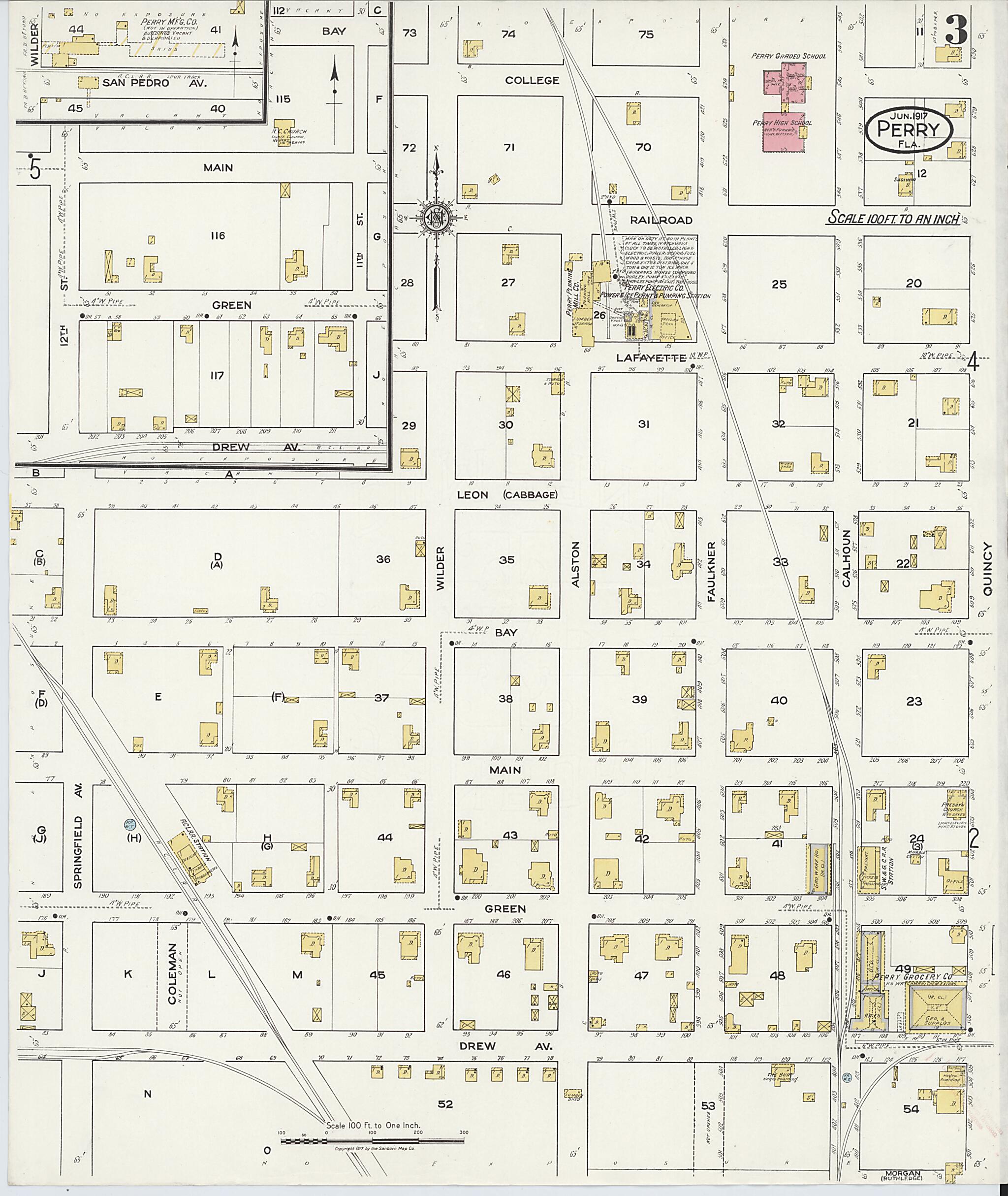 This old map of Perry, Taylor County, Florida was created by Sanborn Map Company in 1917