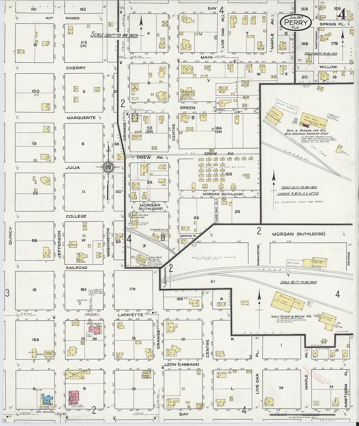 This old map of Perry, Taylor County, Florida was created by Sanborn Map Company in 1917