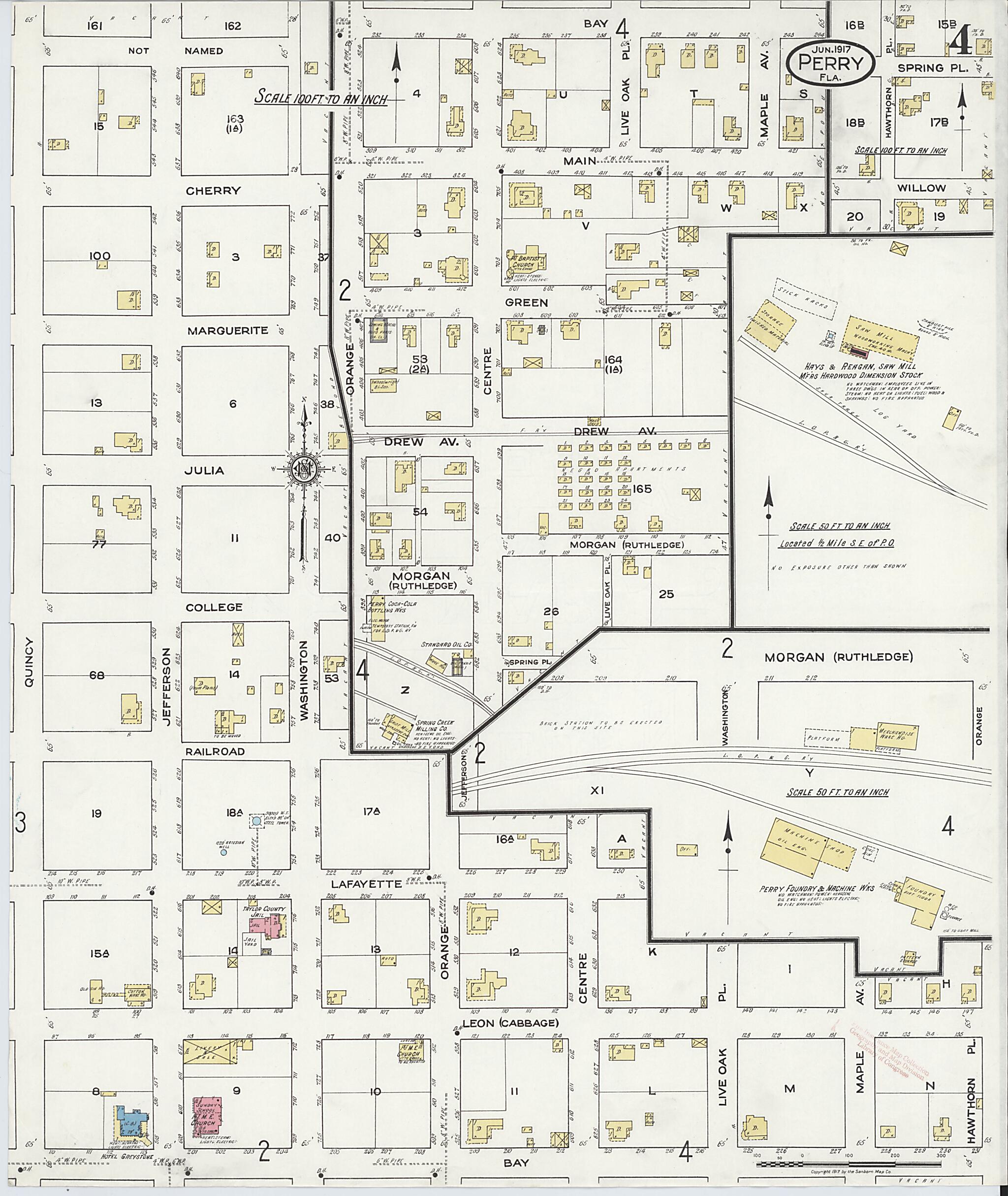 This old map of Perry, Taylor County, Florida was created by Sanborn Map Company in 1917