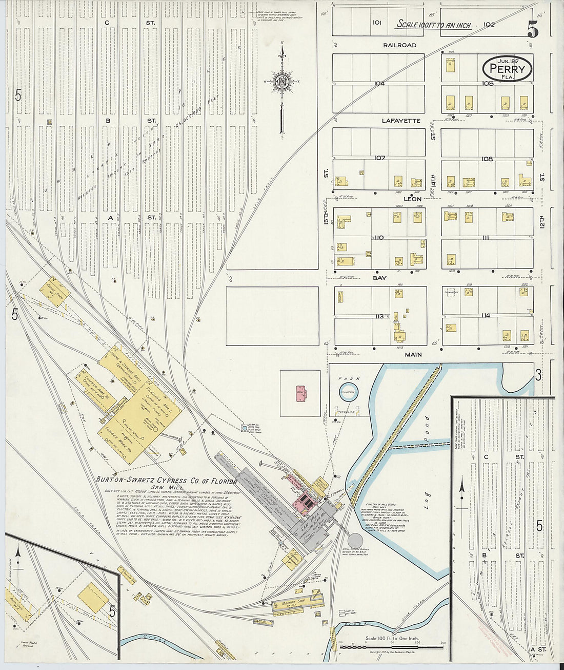 This old map of Perry, Taylor County, Florida was created by Sanborn Map Company in 1917