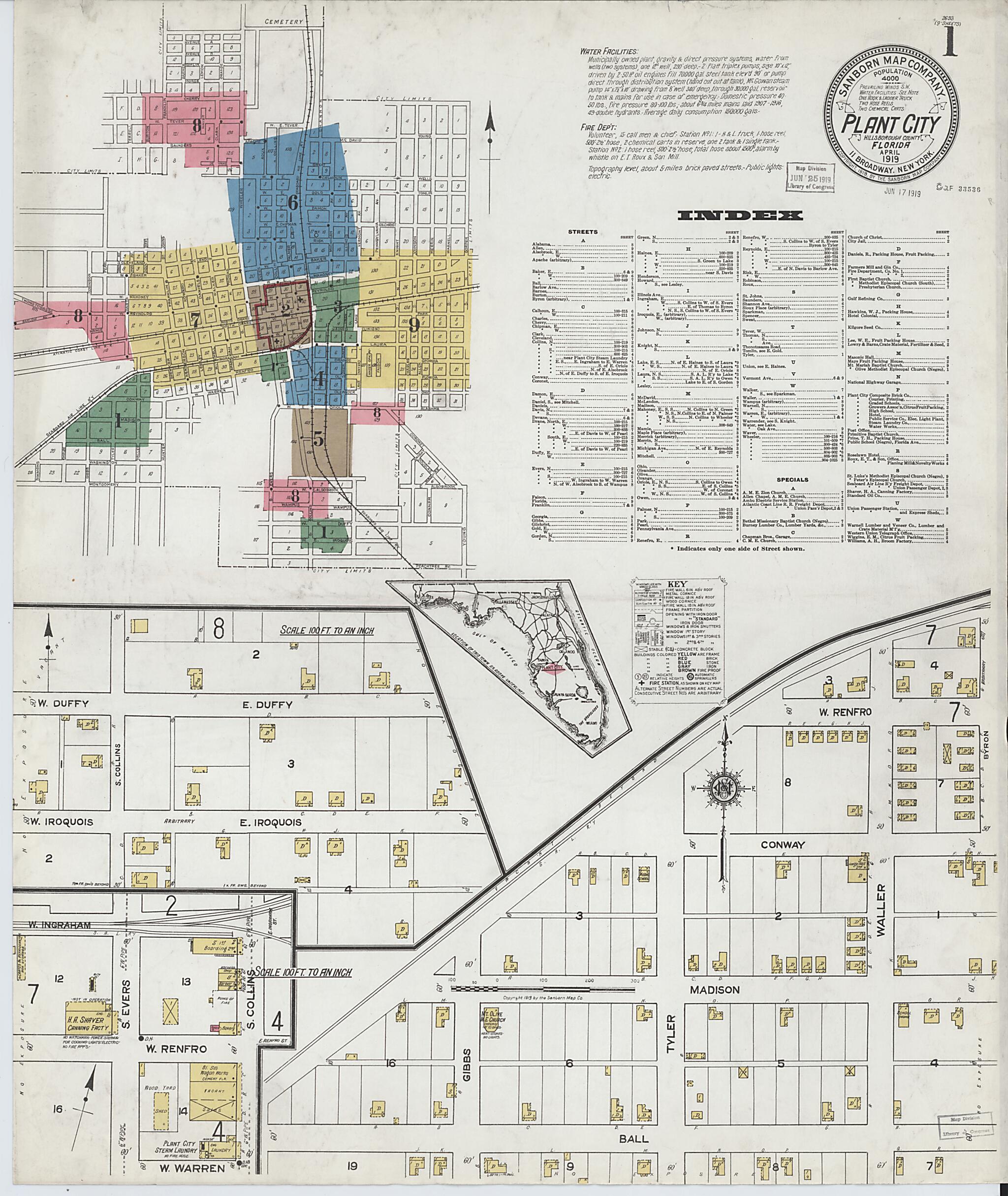 This old map of Plant City, Hillborough County, Florida was created by Sanborn Map Company in 1919