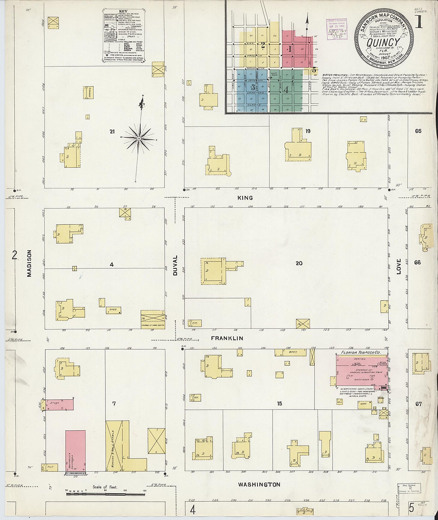 This old map of Quincy, Gadsden County, Florida was created by Sanborn Map Company in 1907