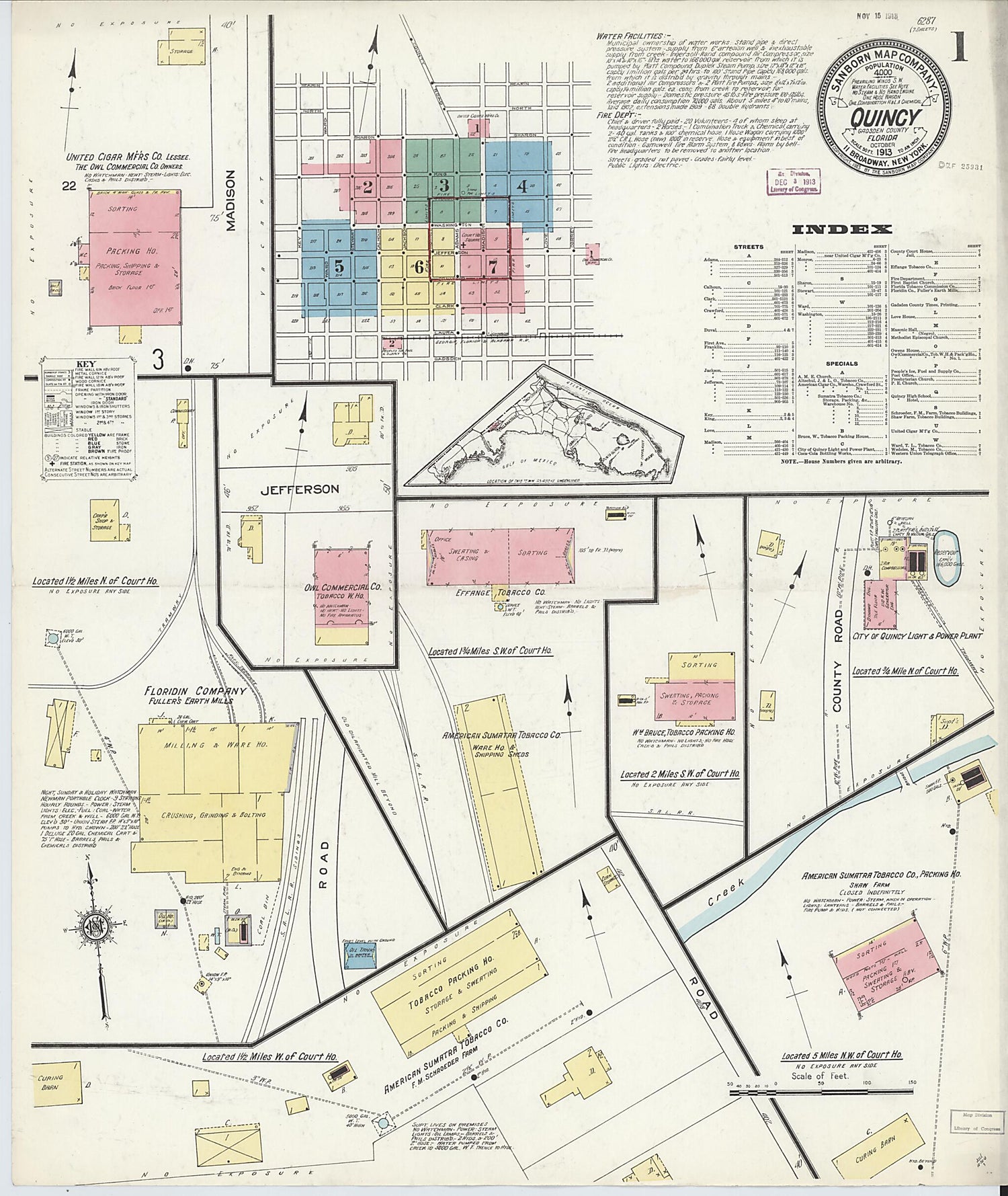 This old map of Quincy, Gadsden County, Florida was created by Sanborn Map Company in 1913