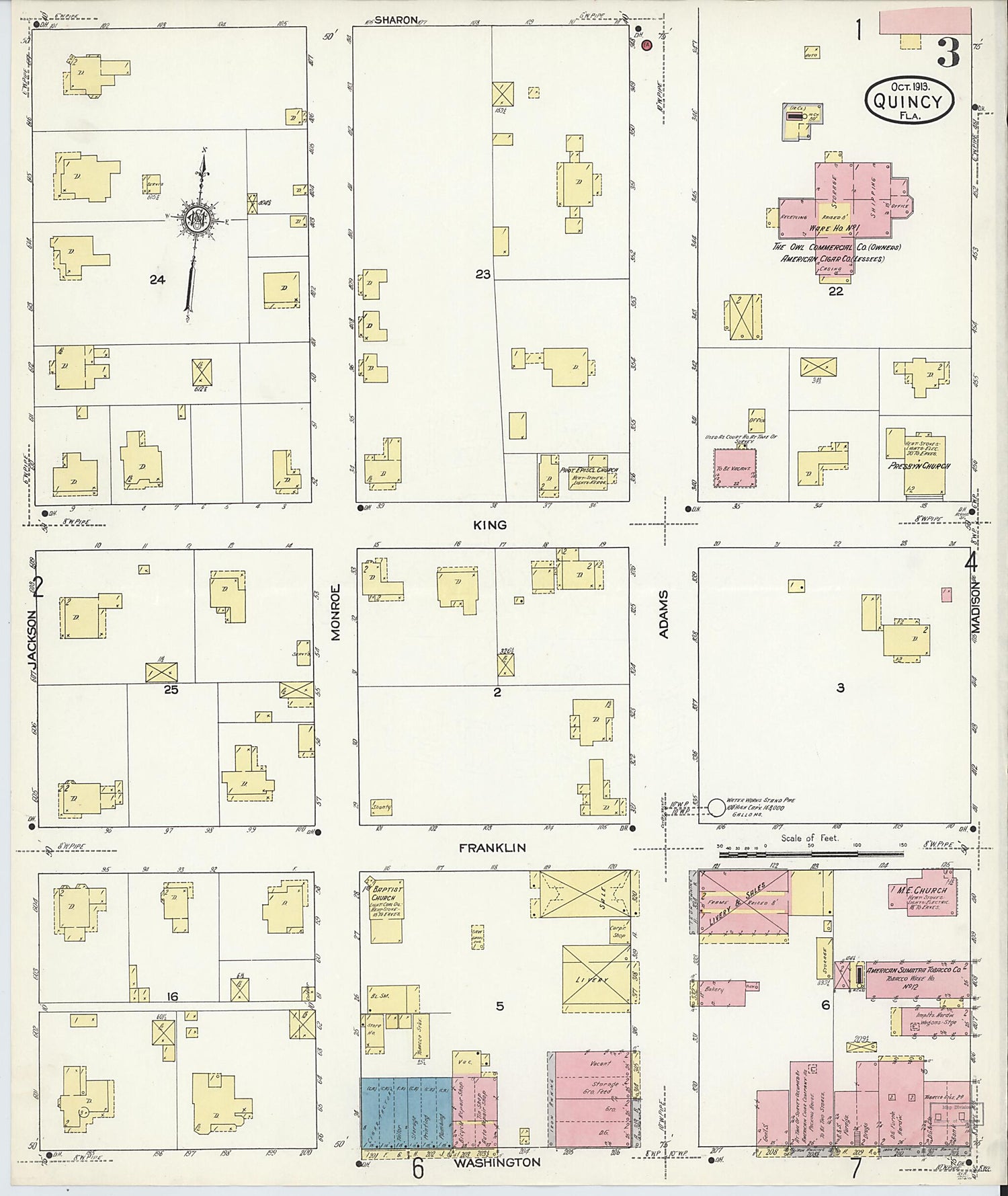 This old map of Quincy, Gadsden County, Florida was created by Sanborn Map Company in 1913