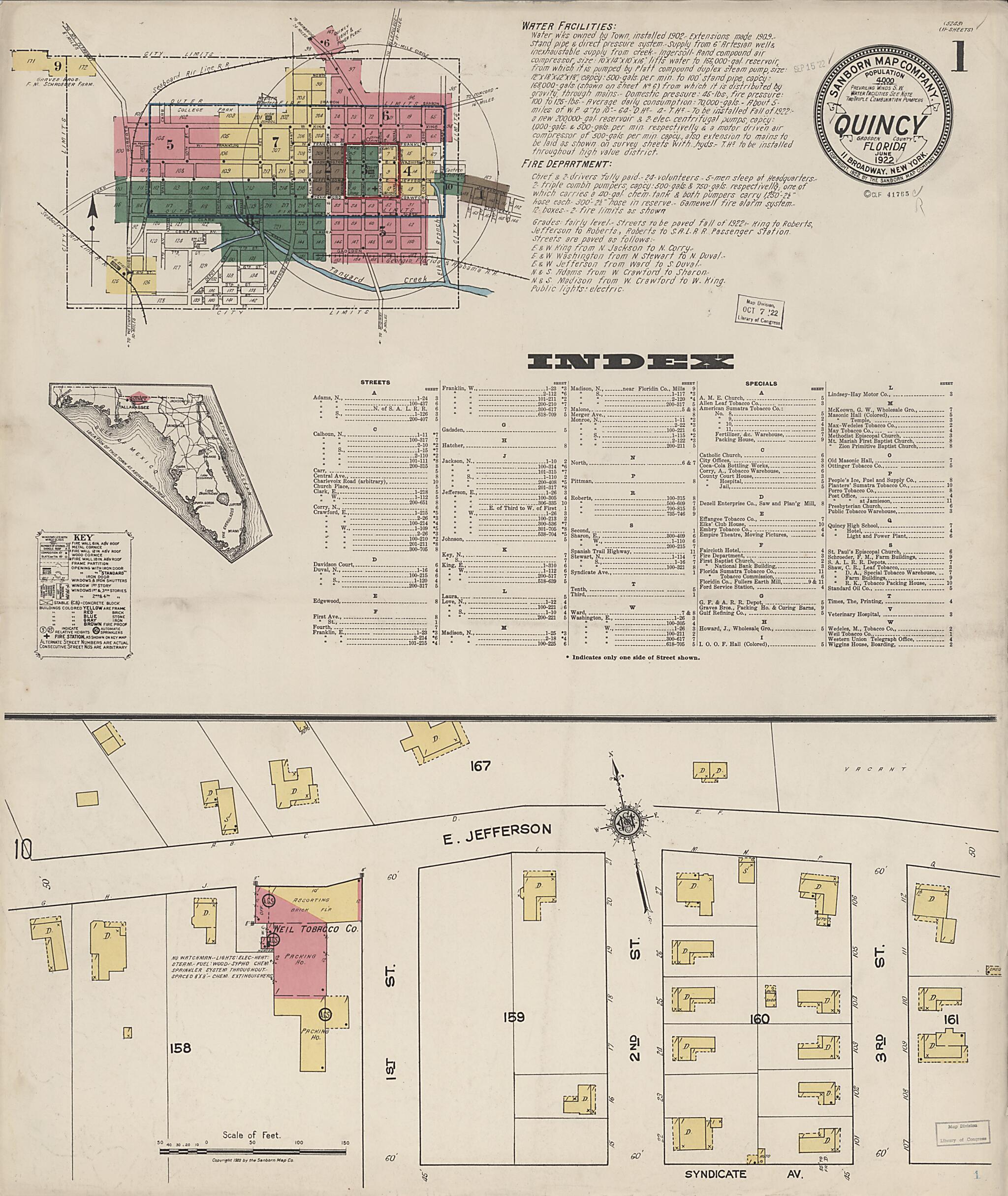 This old map of Quincy, Gadsden County, Florida was created by Sanborn Map Company in 1922