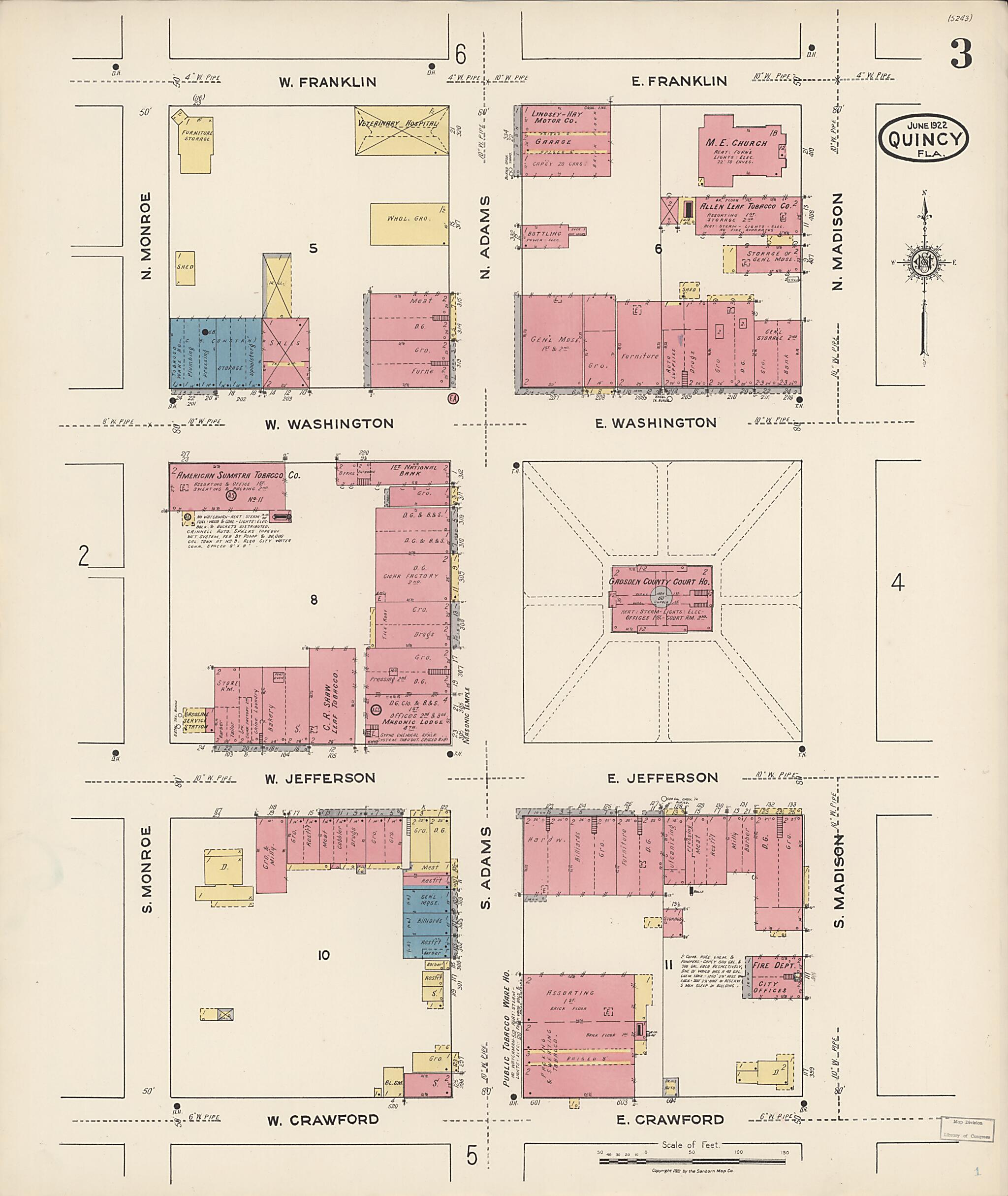 This old map of Quincy, Gadsden County, Florida was created by Sanborn Map Company in 1922