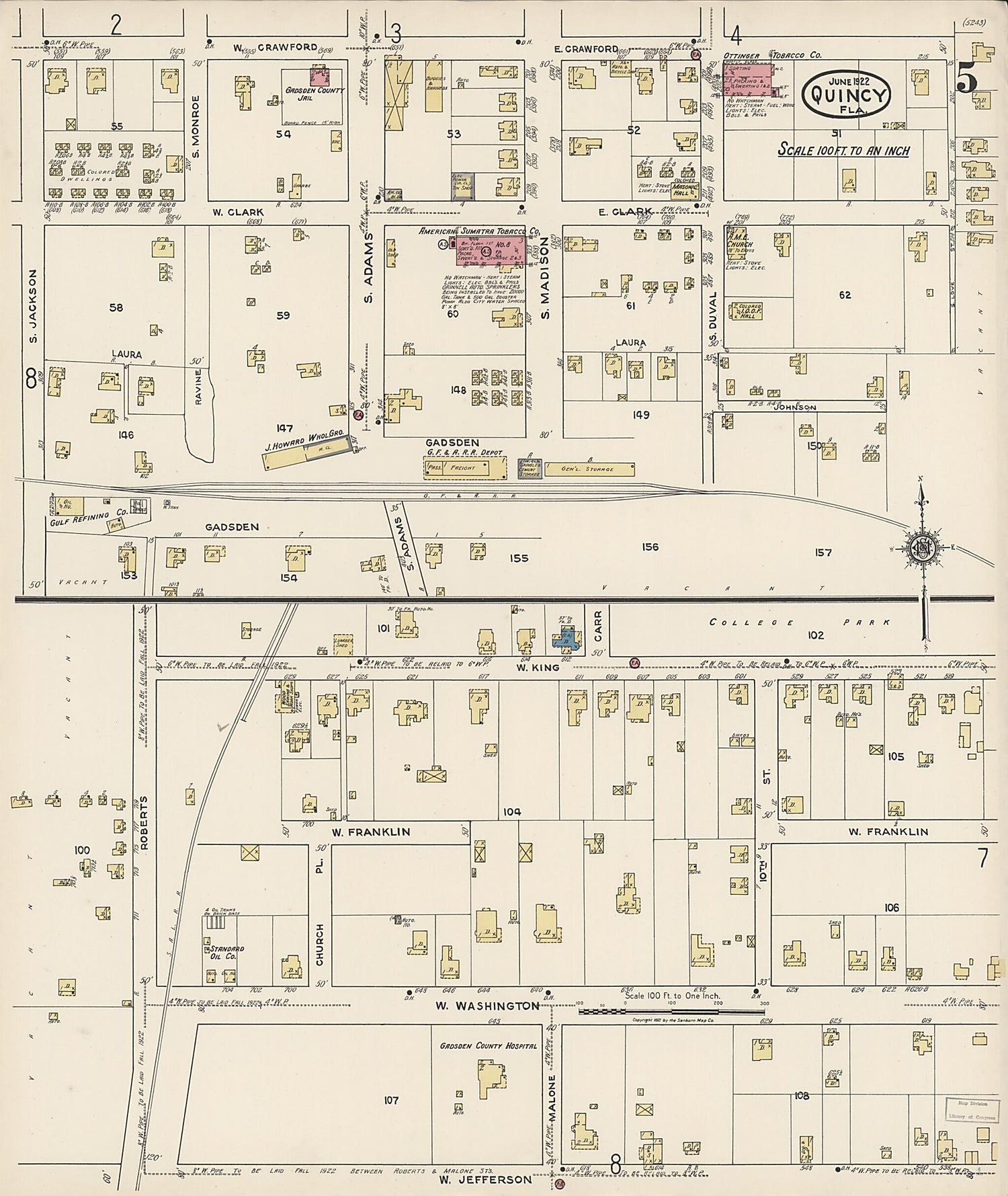 This old map of Quincy, Gadsden County, Florida was created by Sanborn Map Company in 1922