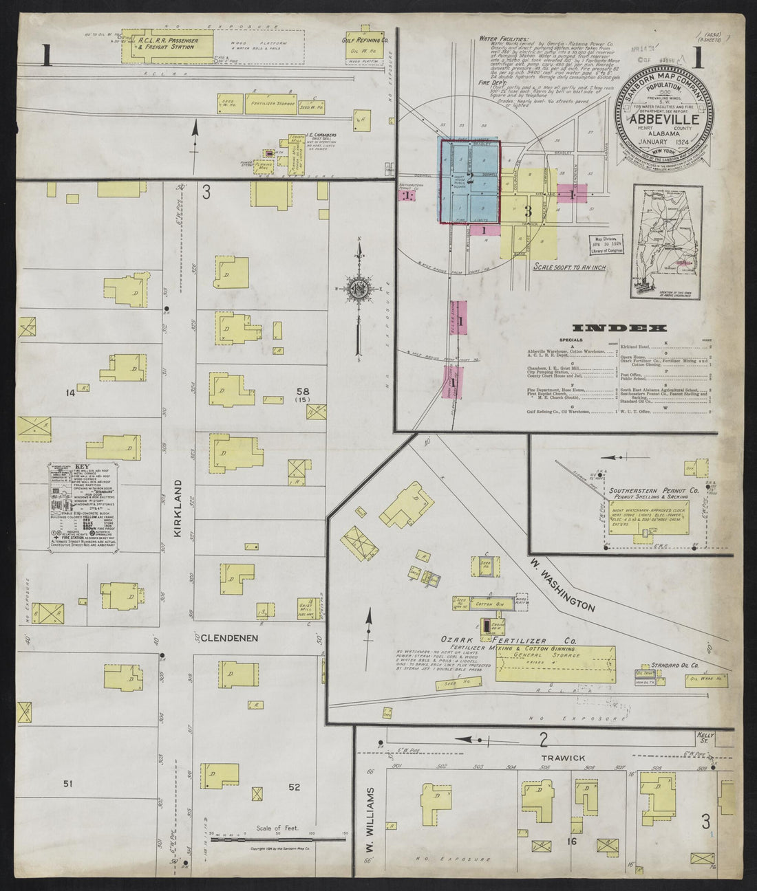 This old map of Abbeville, Henry County, Alabama was created by Sanborn Map Company in 1924