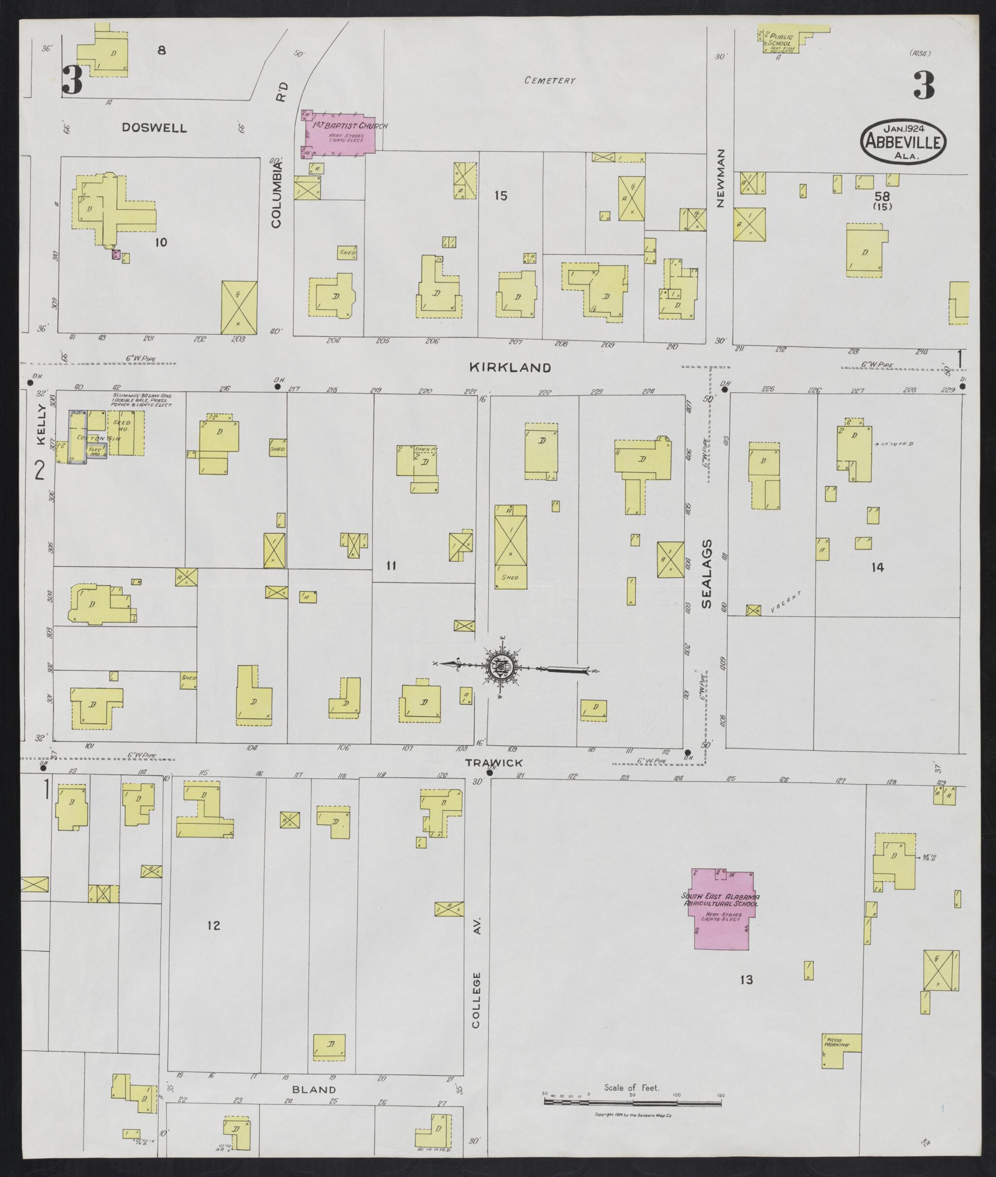 This old map of Abbeville, Henry County, Alabama was created by Sanborn Map Company in 1924