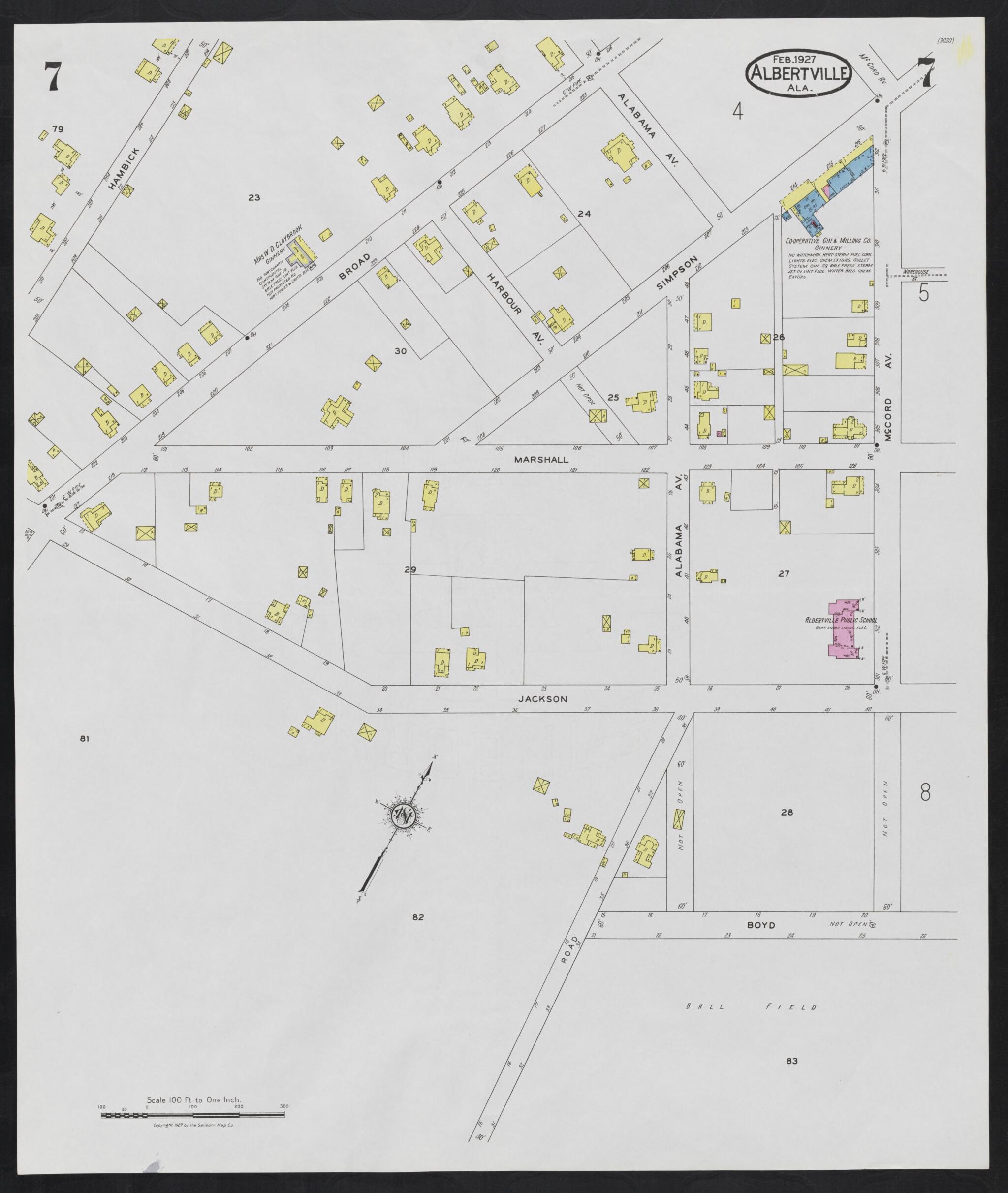 This old map of Albertville, Marshall County, Alabama was created by Sanborn Map Company in 1927