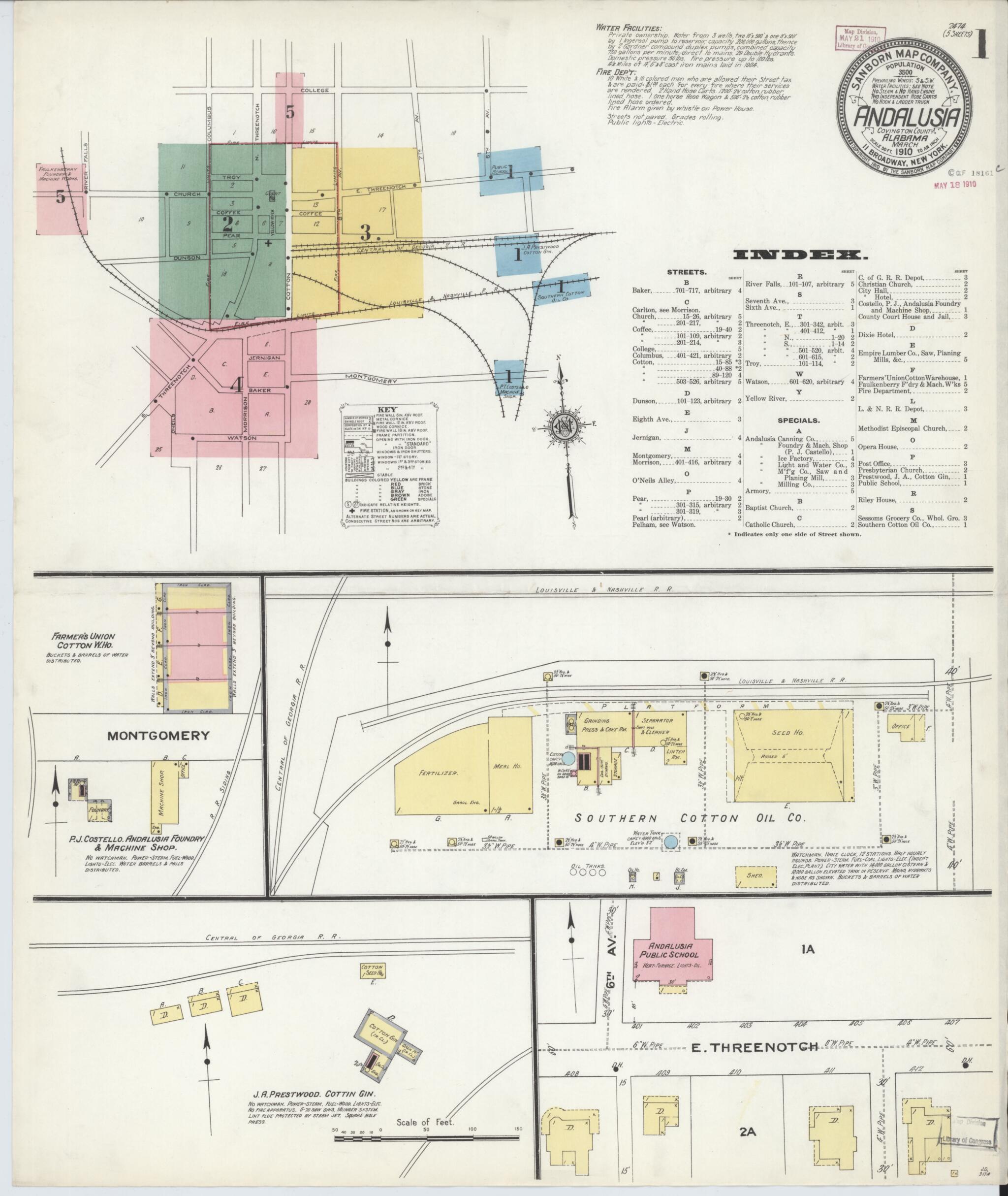 This old map of Andalusia, Covington County, Alabama was created by Sanborn Map Company in 1910