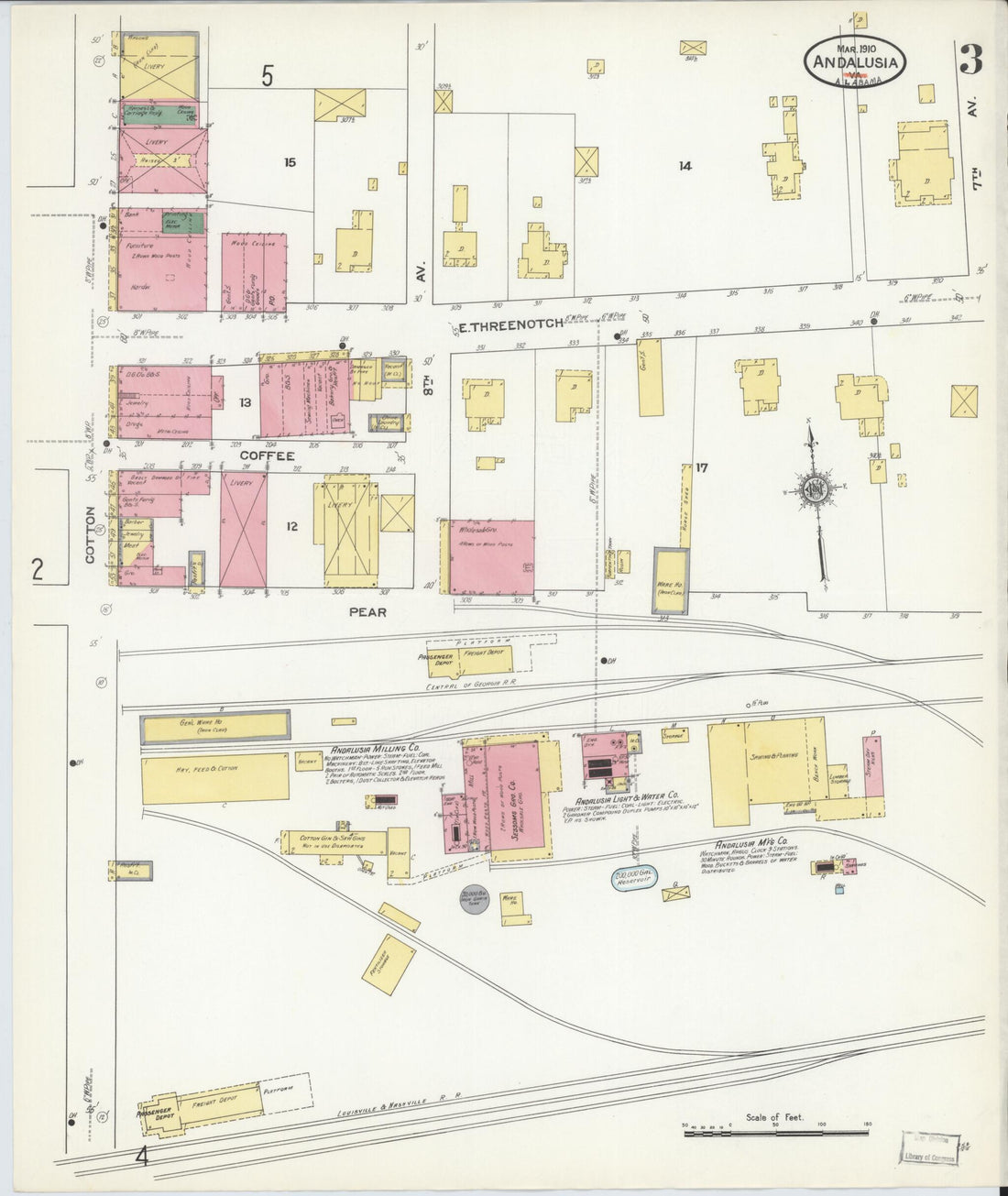 This old map of Andalusia, Covington County, Alabama was created by Sanborn Map Company in 1910