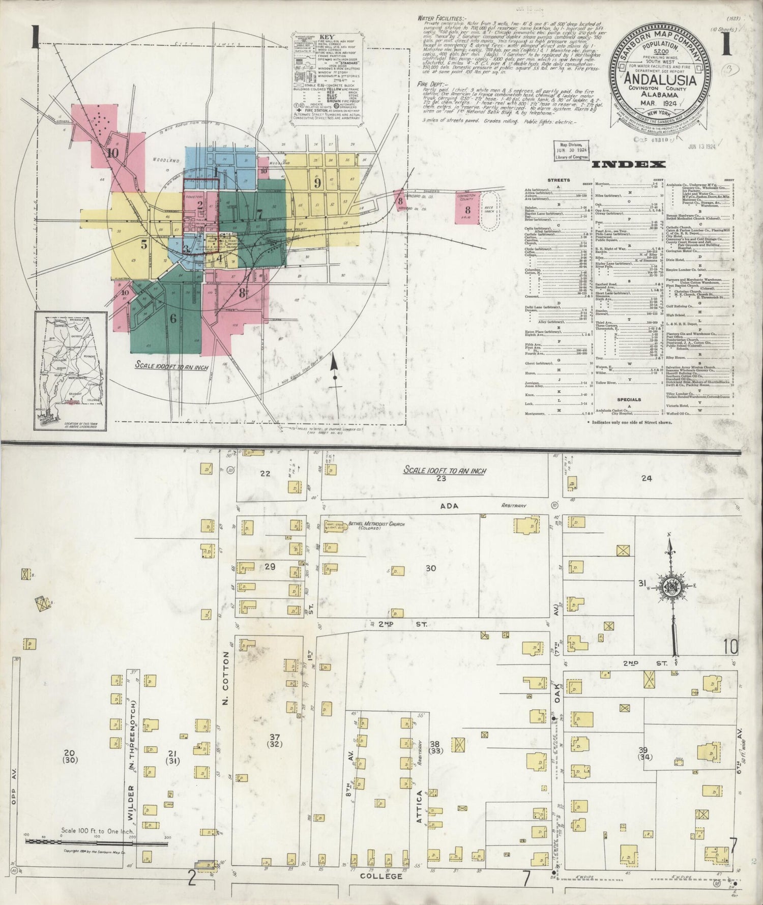 This old map of Andalusia, Covington County, Alabama was created by Sanborn Map Company in 1924