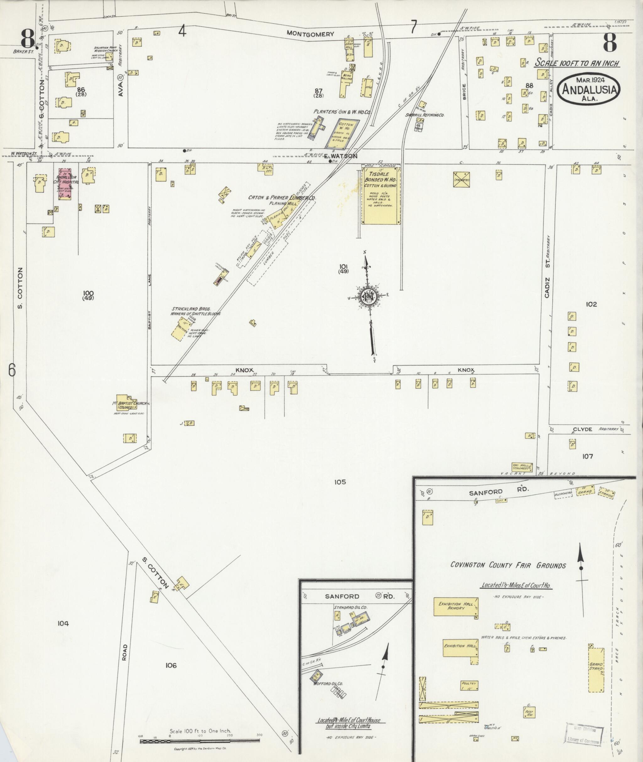 This old map of Andalusia, Covington County, Alabama was created by Sanborn Map Company in 1924