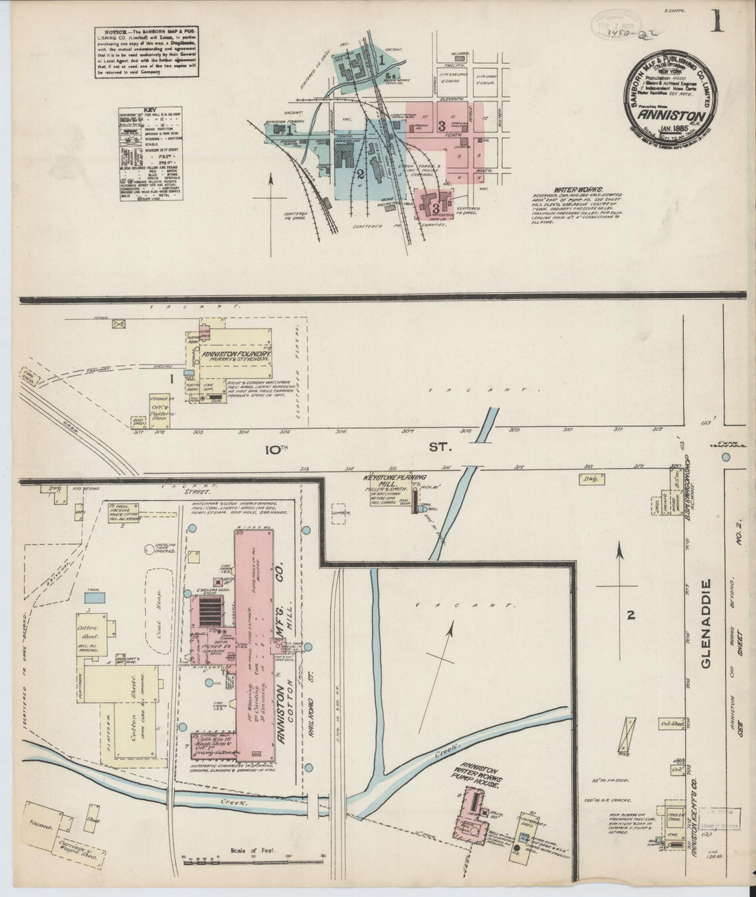 This old map of Anniston, Calhoun County, Alabama was created by Sanborn Map Company in 1885