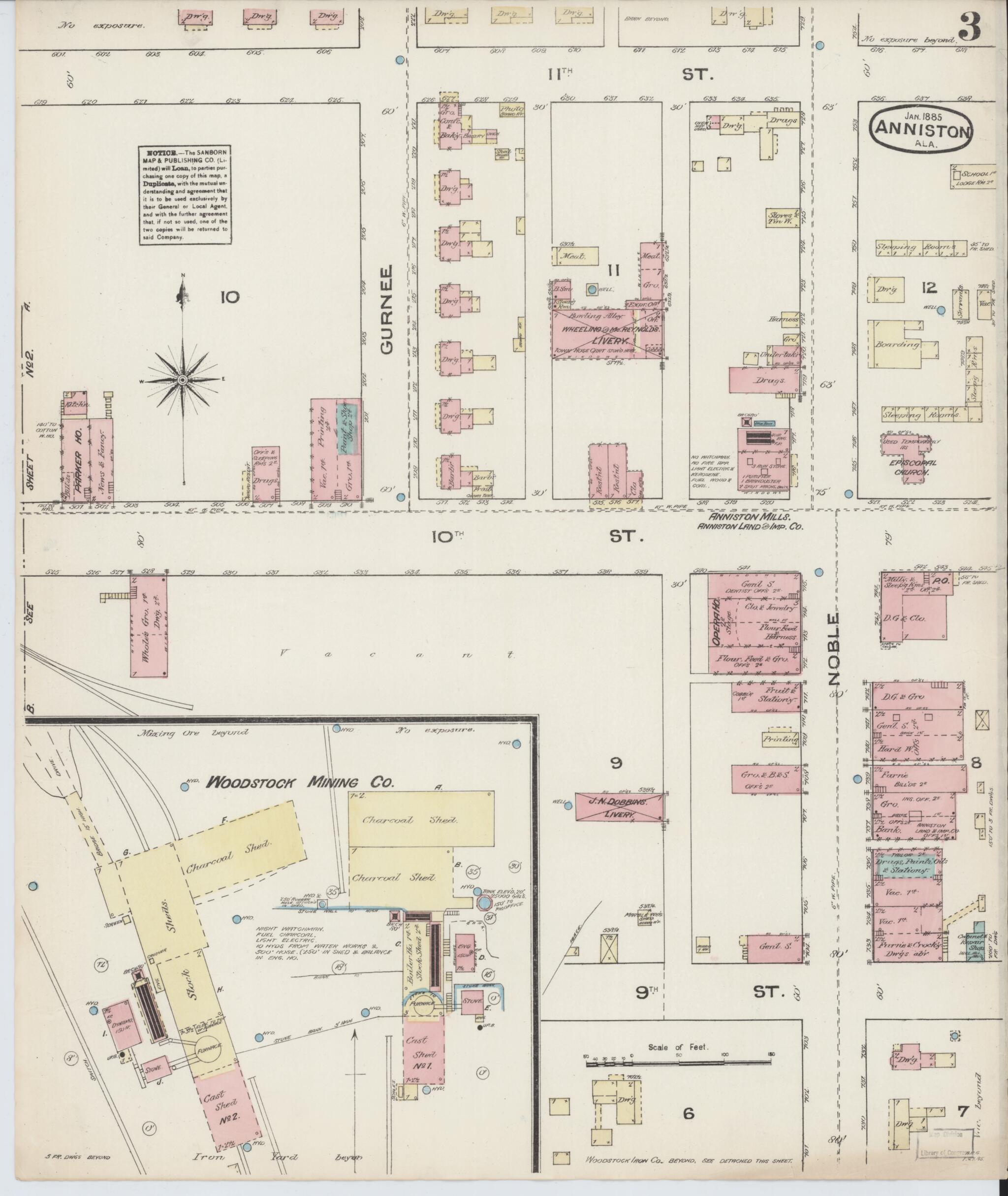 This old map of Anniston, Calhoun County, Alabama was created by Sanborn Map Company in 1885