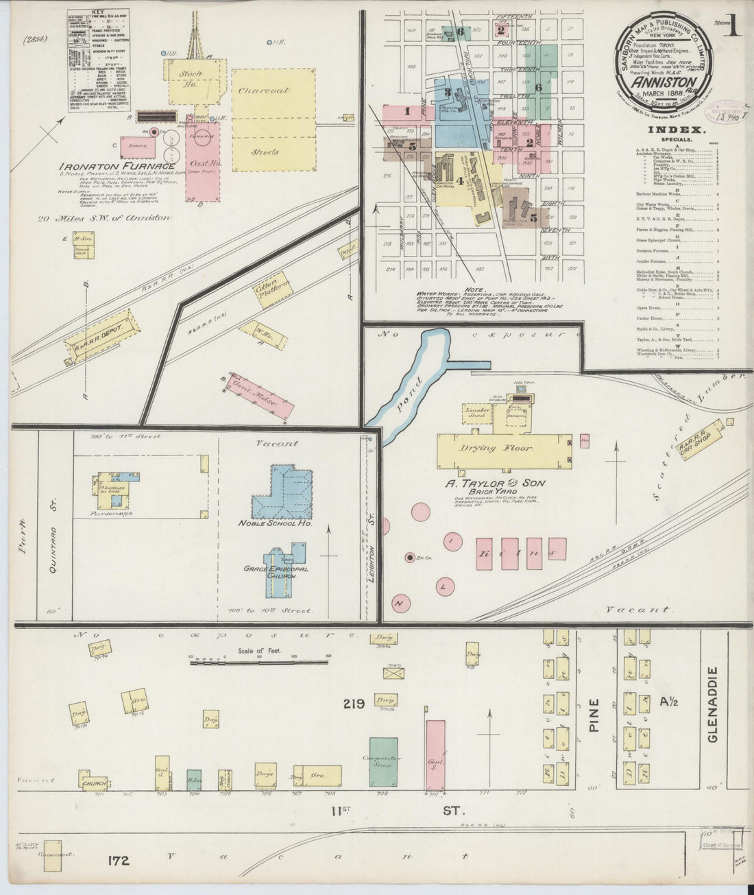 This old map of Anniston, Calhoun County, Alabama was created by Sanborn Map Company in 1888