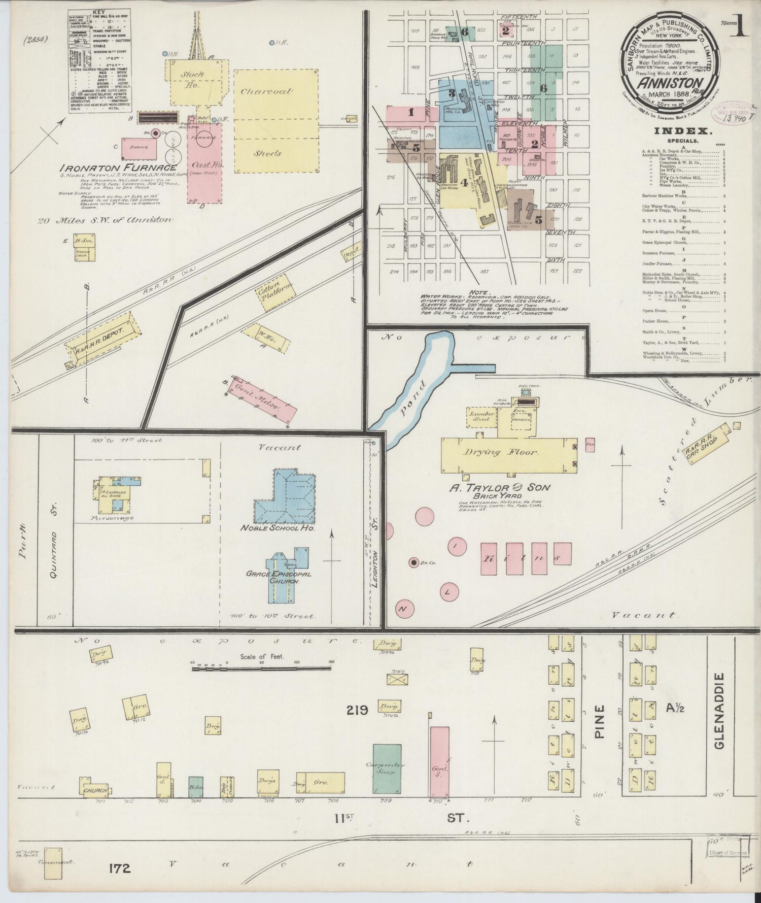 This old map of Anniston, Calhoun County, Alabama was created by Sanborn Map Company in 1888