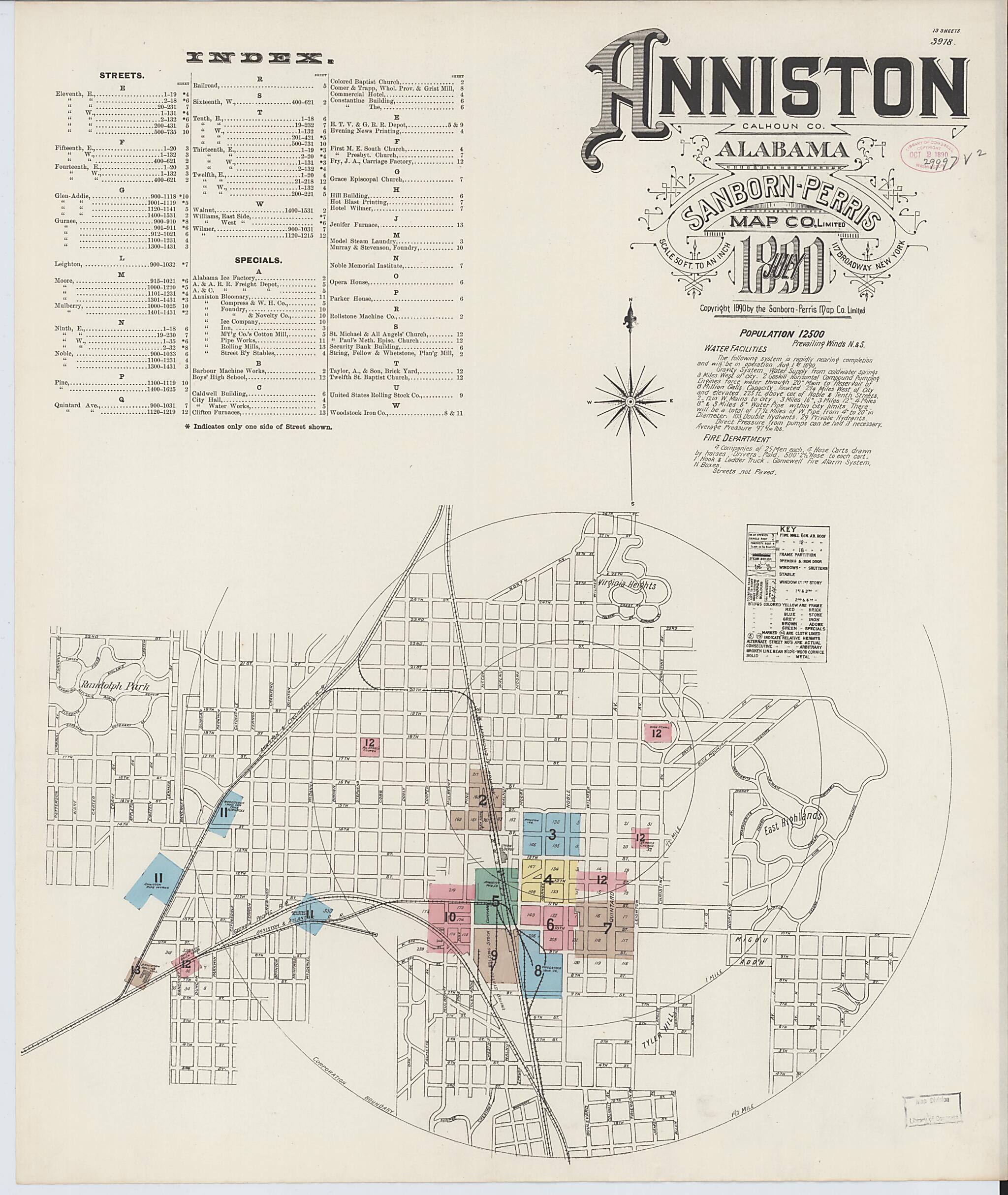 This old map of Anniston, Calhoun County, Alabama was created by Sanborn Map Company in 1890