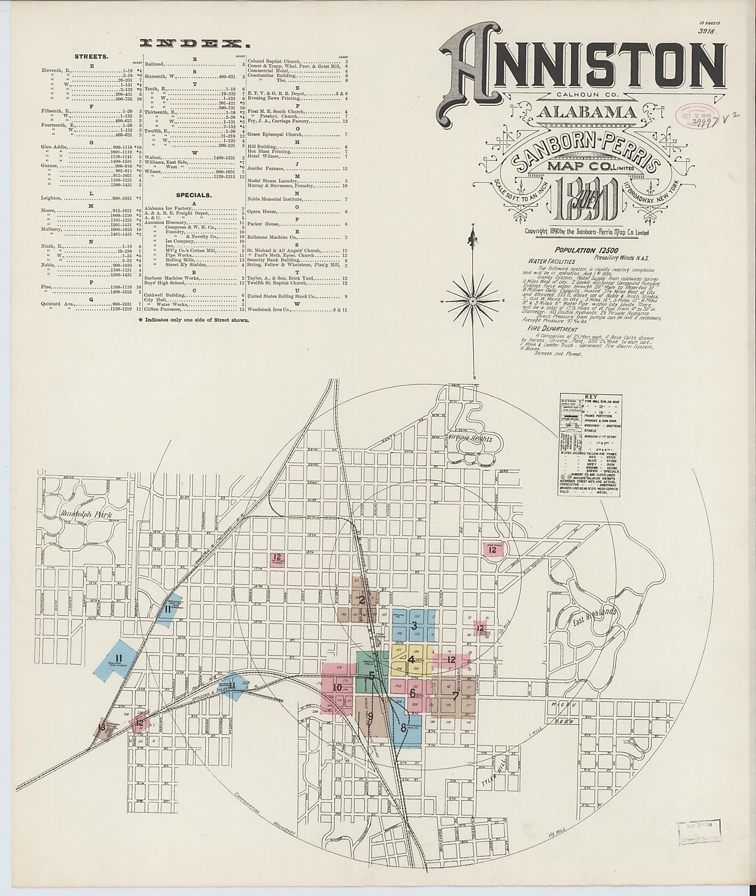 This old map of Anniston, Calhoun County, Alabama was created by Sanborn Map Company in 1890