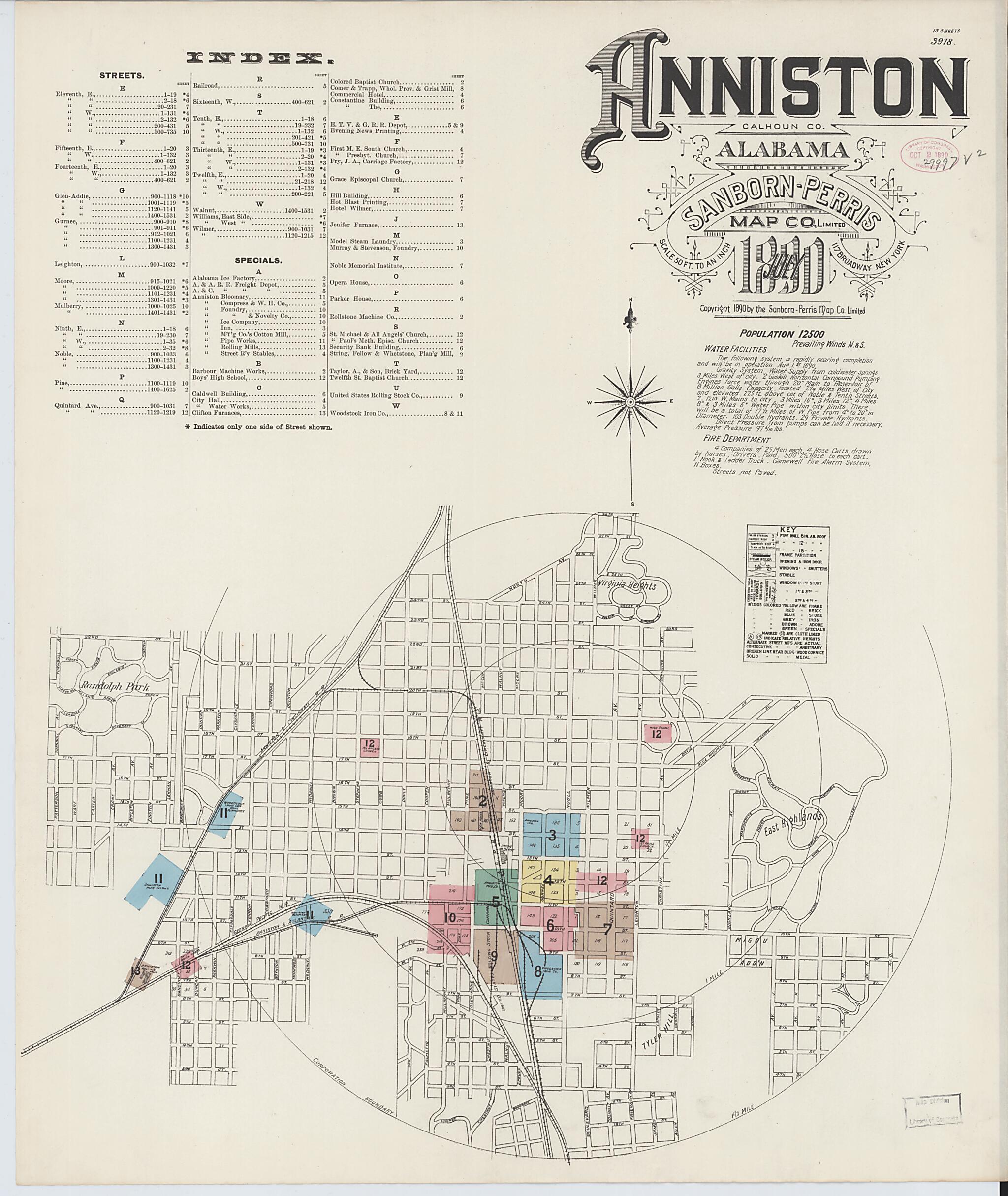 This old map of Anniston, Calhoun County, Alabama was created by Sanborn Map Company in 1890