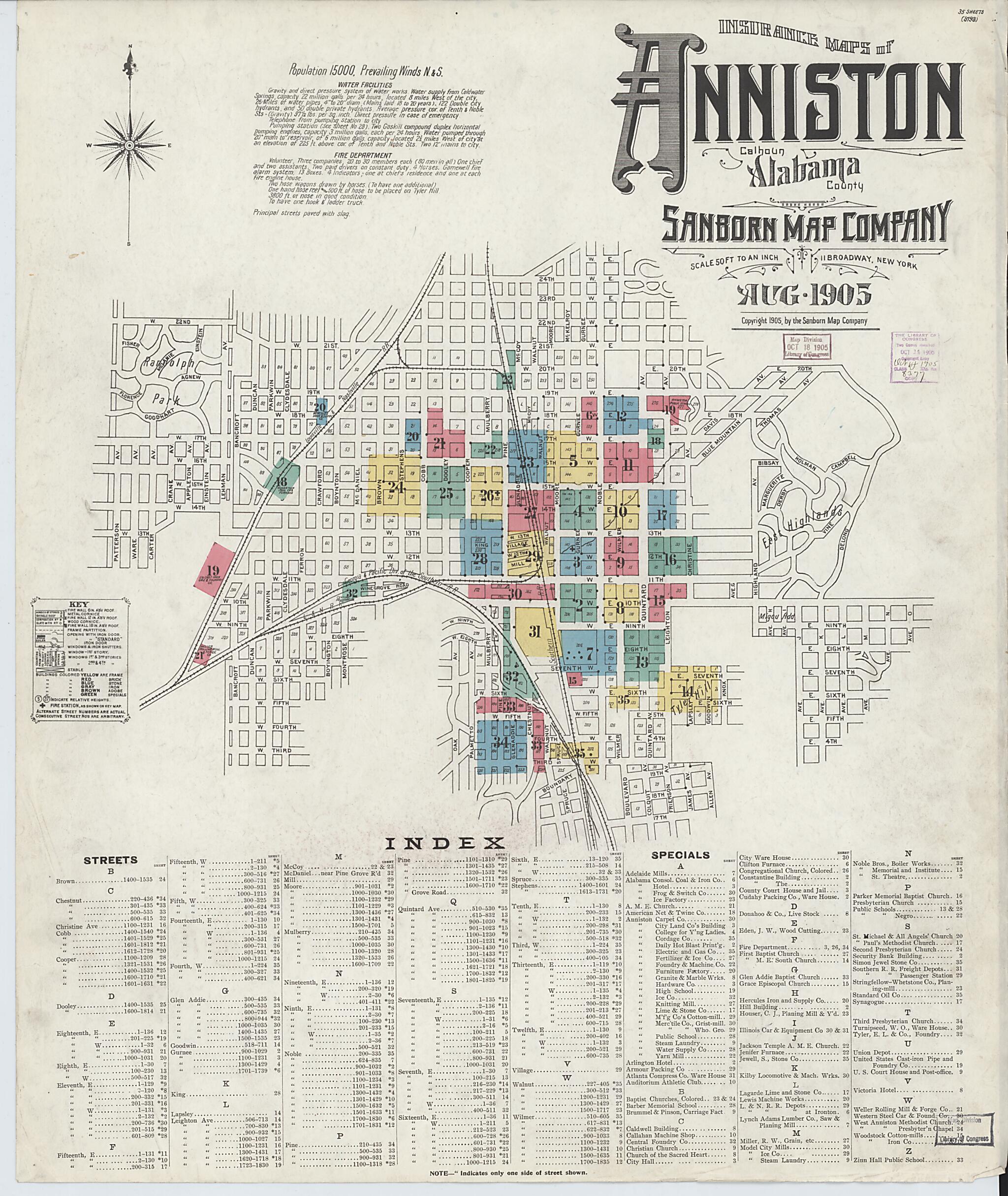 This old map of Anniston, Calhoun County, Alabama was created by Sanborn Map Company in 1905