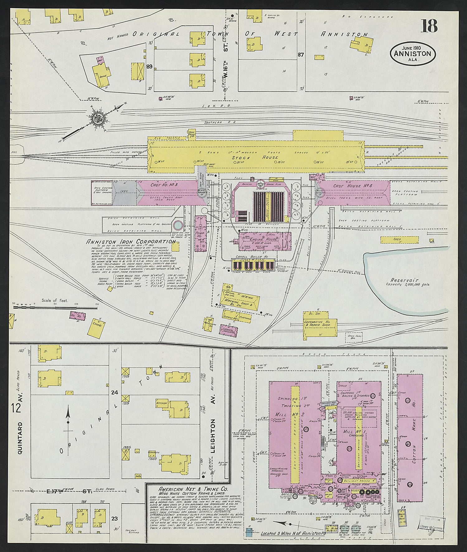 This old map of Anniston, Calhoun County, Alabama was created by Sanborn Map Company in 1910