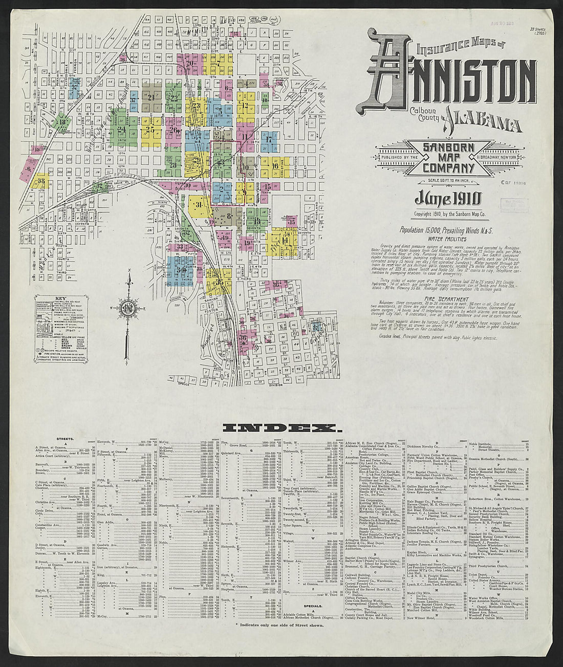 This old map of Anniston, Calhoun County, Alabama was created by Sanborn Map Company in 1910