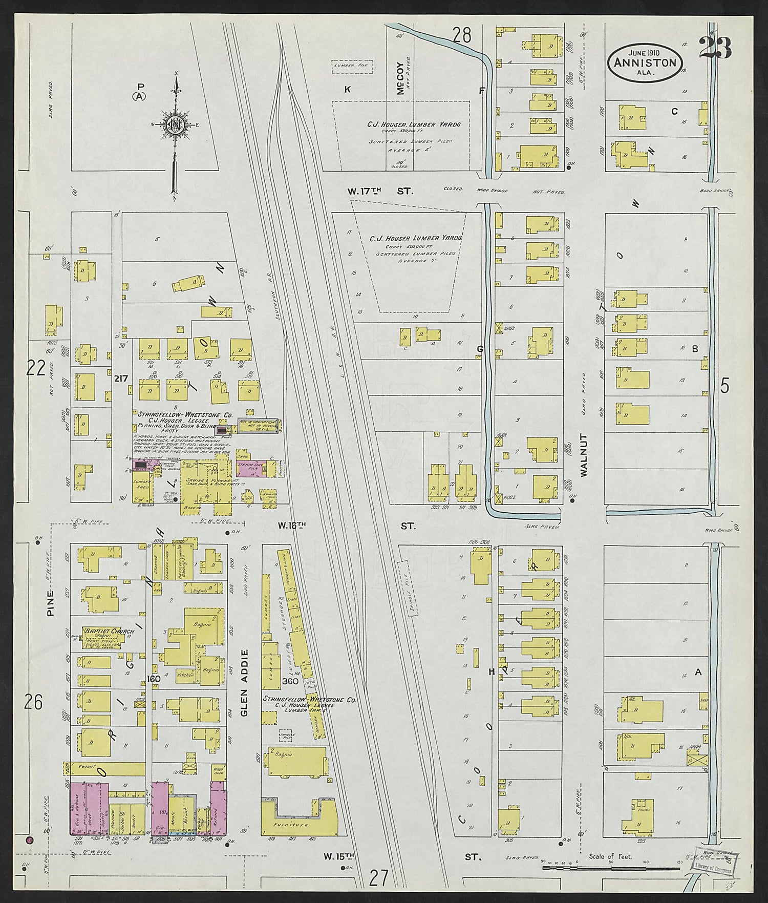 This old map of Anniston, Calhoun County, Alabama was created by Sanborn Map Company in 1910