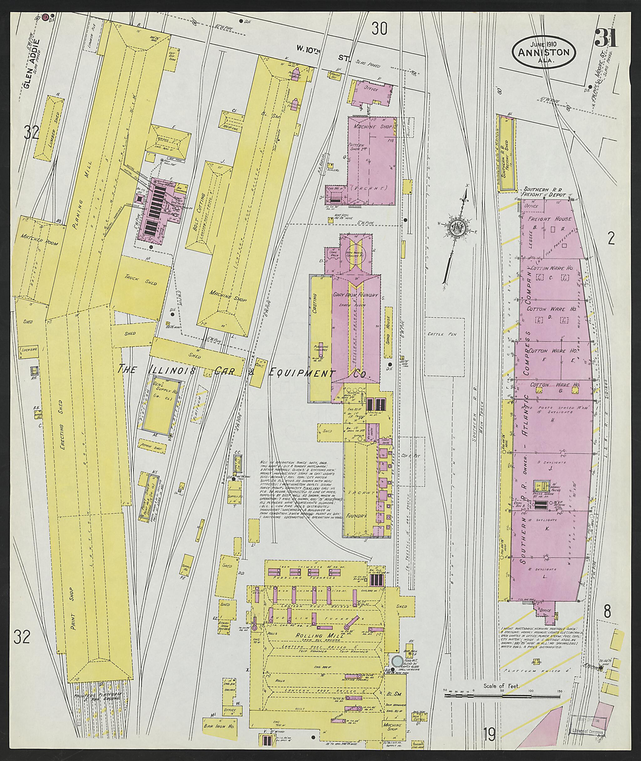 This old map of Anniston, Calhoun County, Alabama was created by Sanborn Map Company in 1910