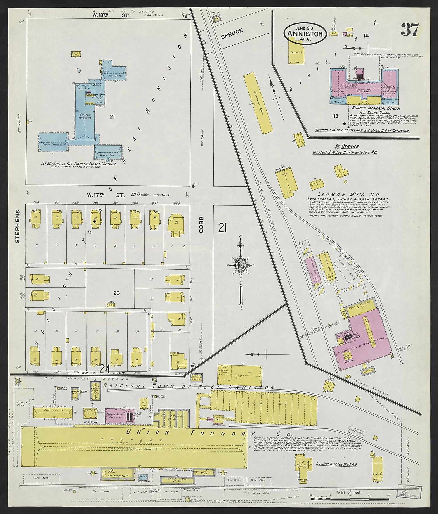 This old map of Anniston, Calhoun County, Alabama was created by Sanborn Map Company in 1910