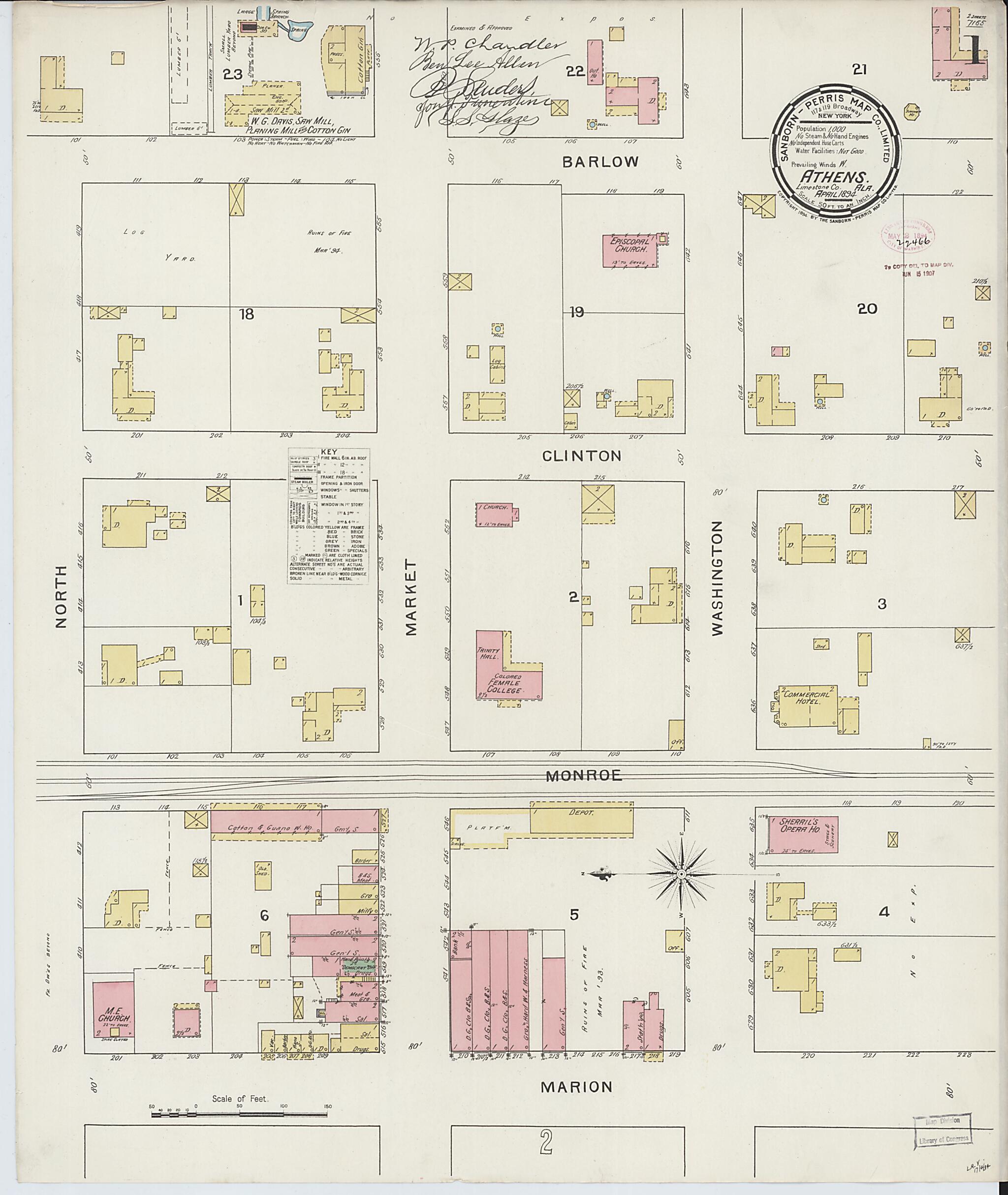 This old map of Athens, Limestone County, Alabama was created by Sanborn Map Company in 1894