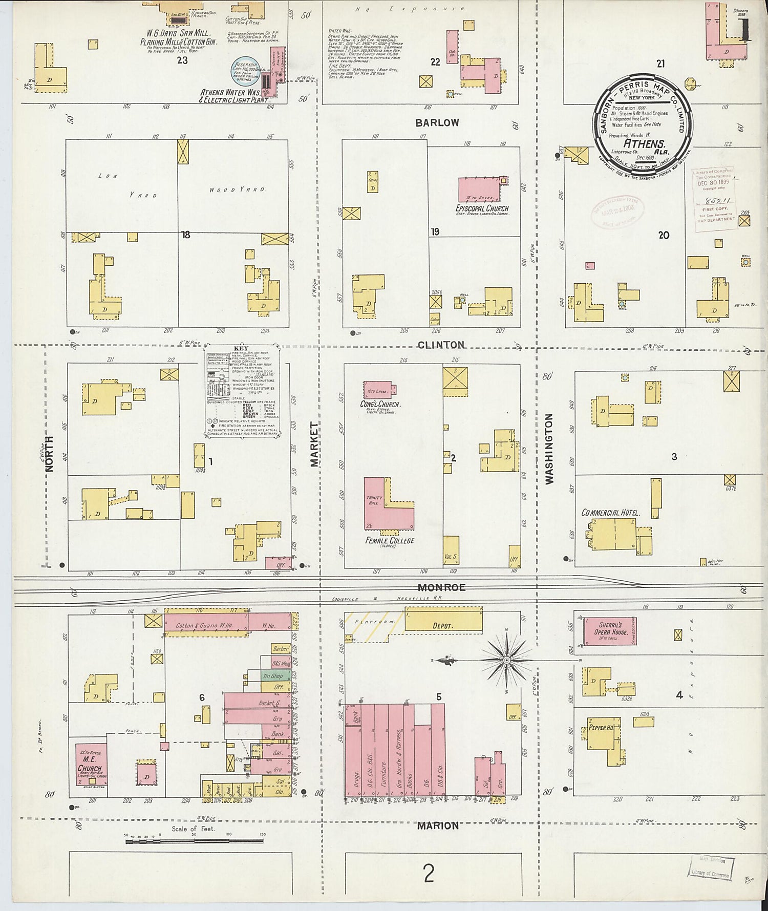 This old map of Athens, Limestone County, Alabama was created by Sanborn Map Company in 1899