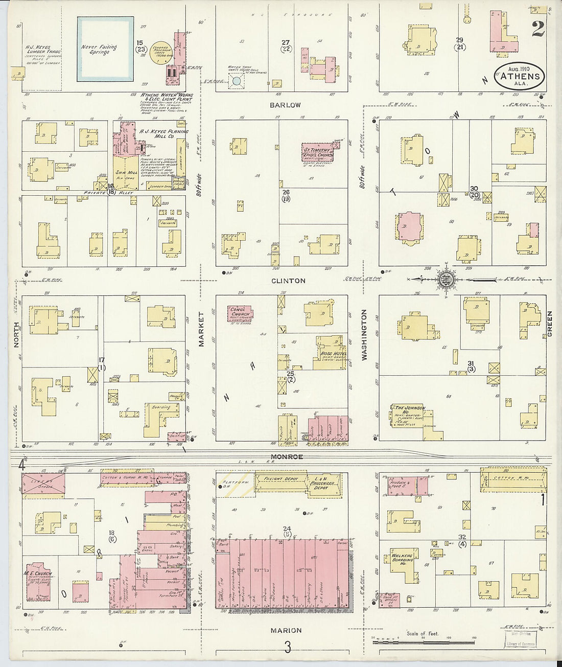 This old map of Athens, Limestone County, Alabama was created by Sanborn Map Company in 1910