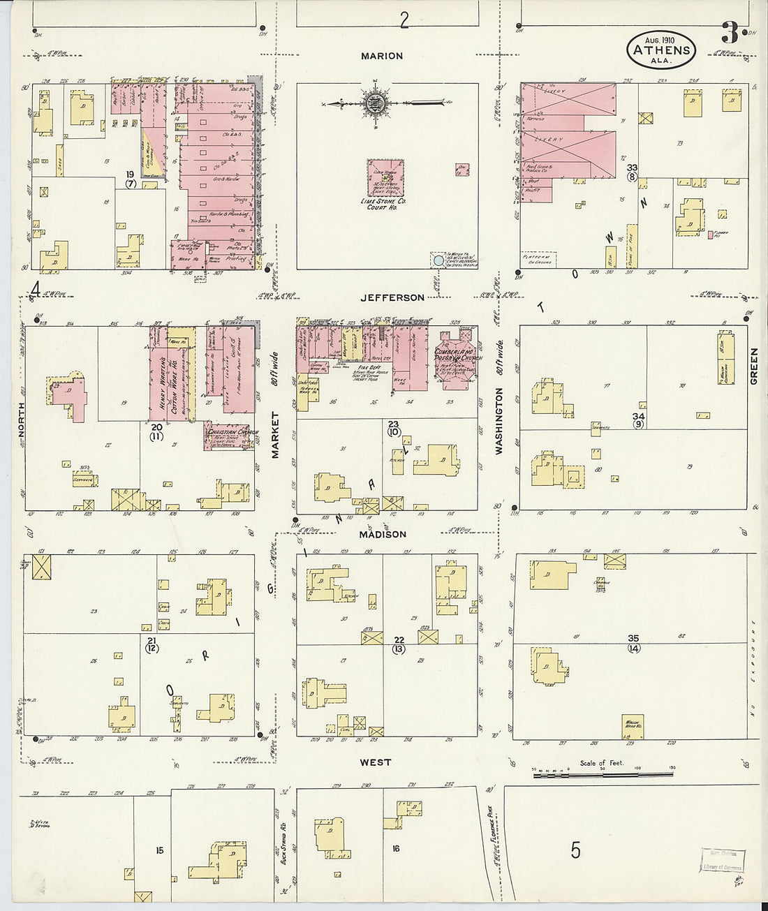 This old map of Athens, Limestone County, Alabama was created by Sanborn Map Company in 1910