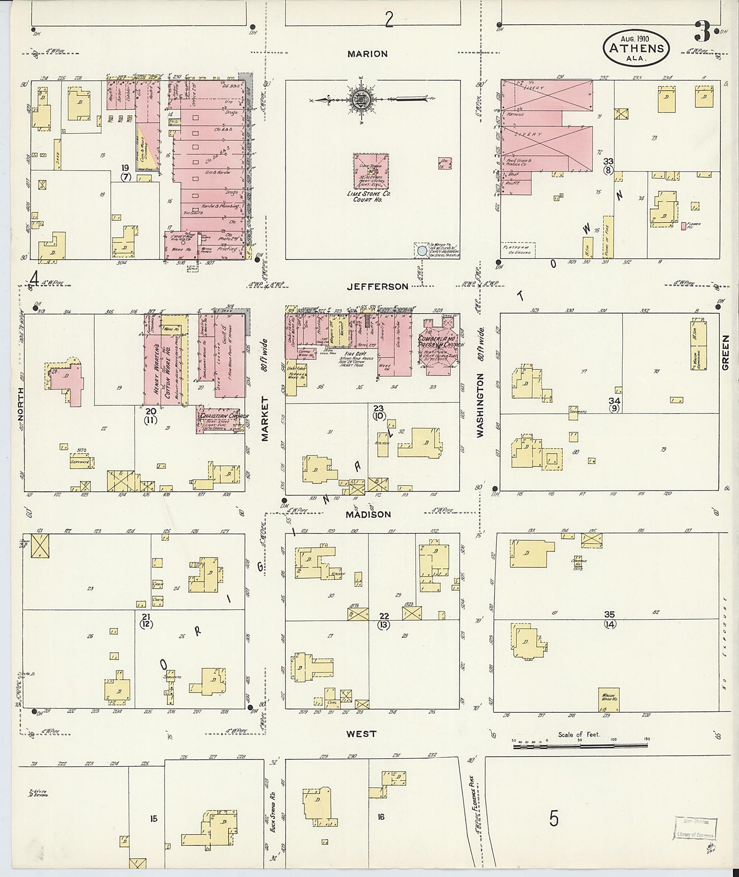 This old map of Athens, Limestone County, Alabama was created by Sanborn Map Company in 1910