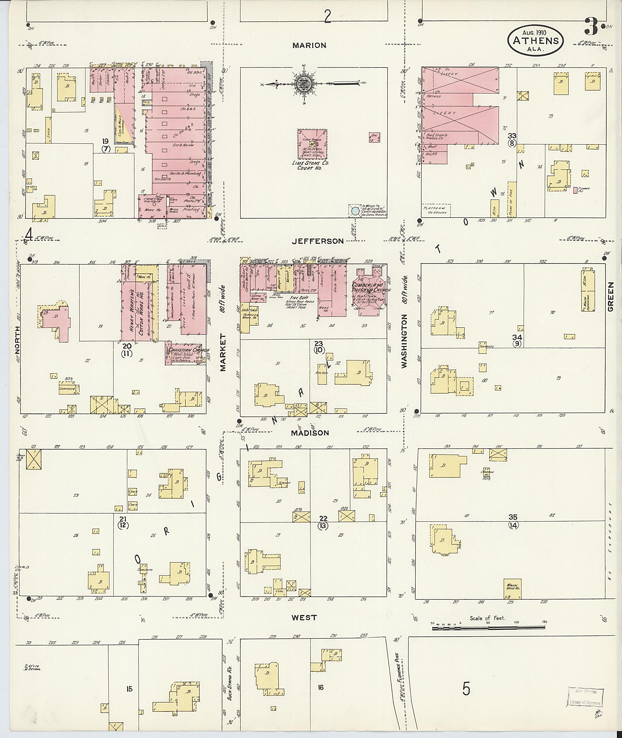 This old map of Athens, Limestone County, Alabama was created by Sanborn Map Company in 1910