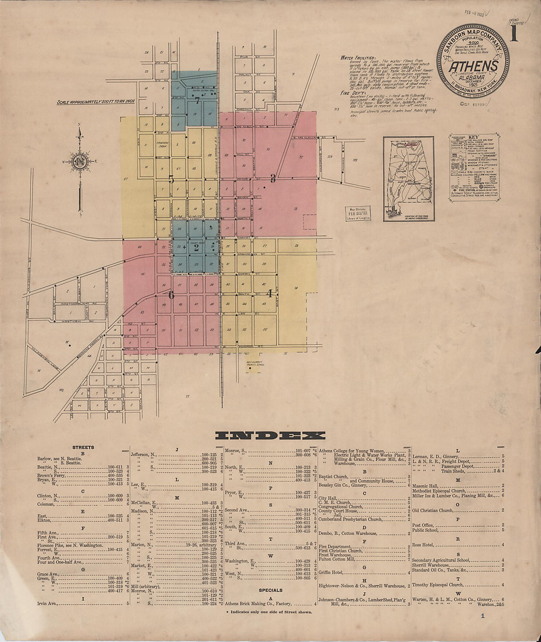 This old map of Athens, Limestone County, Alabama was created by Sanborn Map Company in 1921