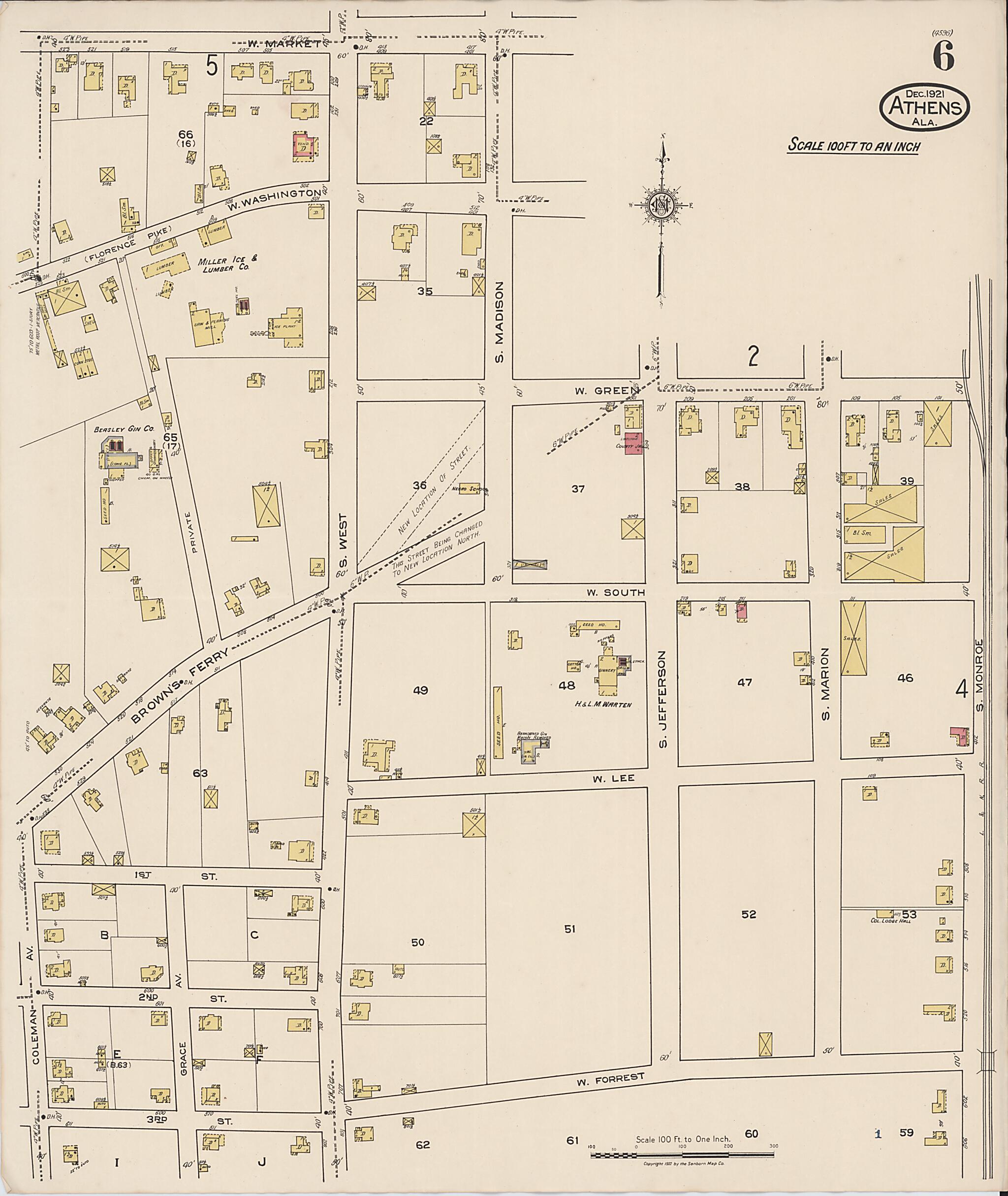 This old map of Athens, Limestone County, Alabama was created by Sanborn Map Company in 1921