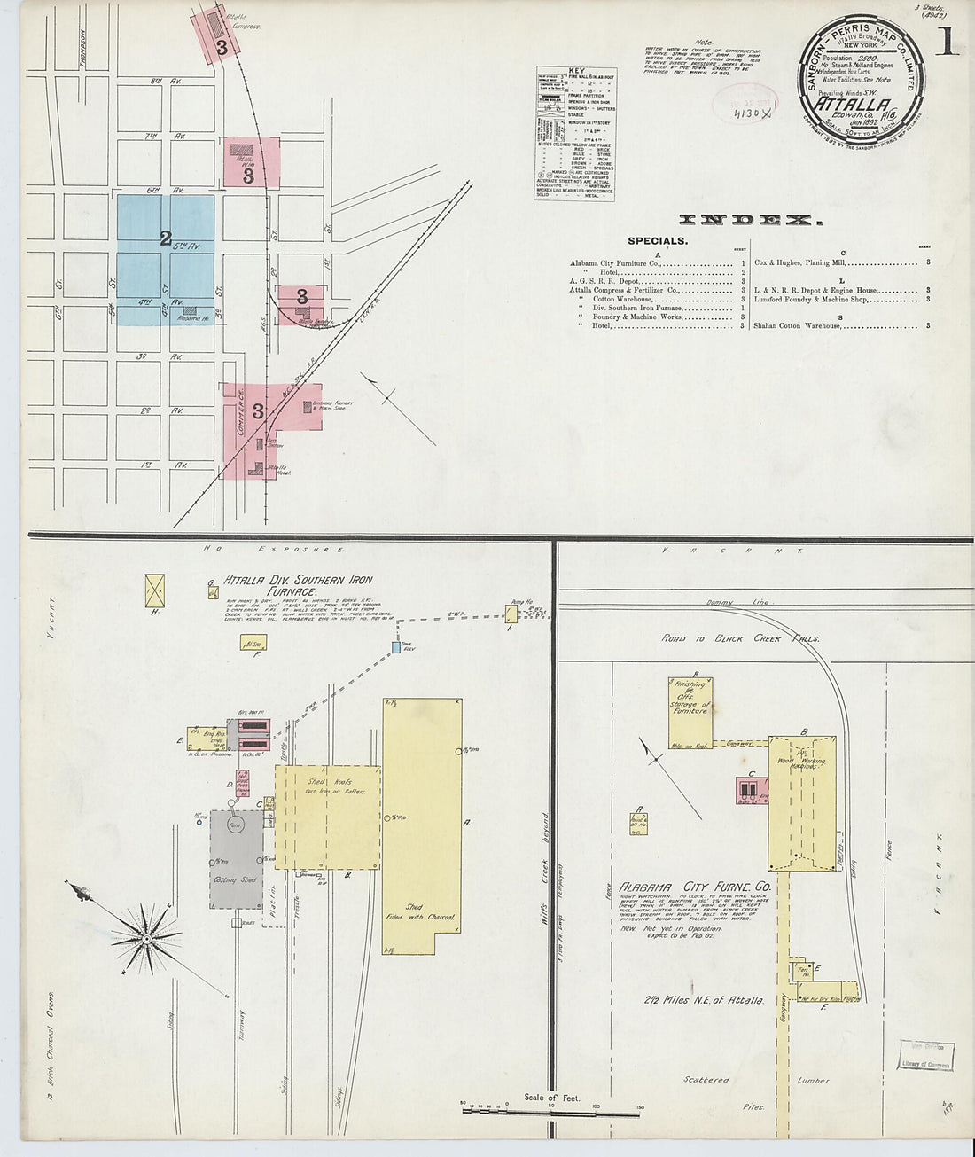 This old map of Attalla, Etowah County, Alabama was created by Sanborn Map Company in 1892