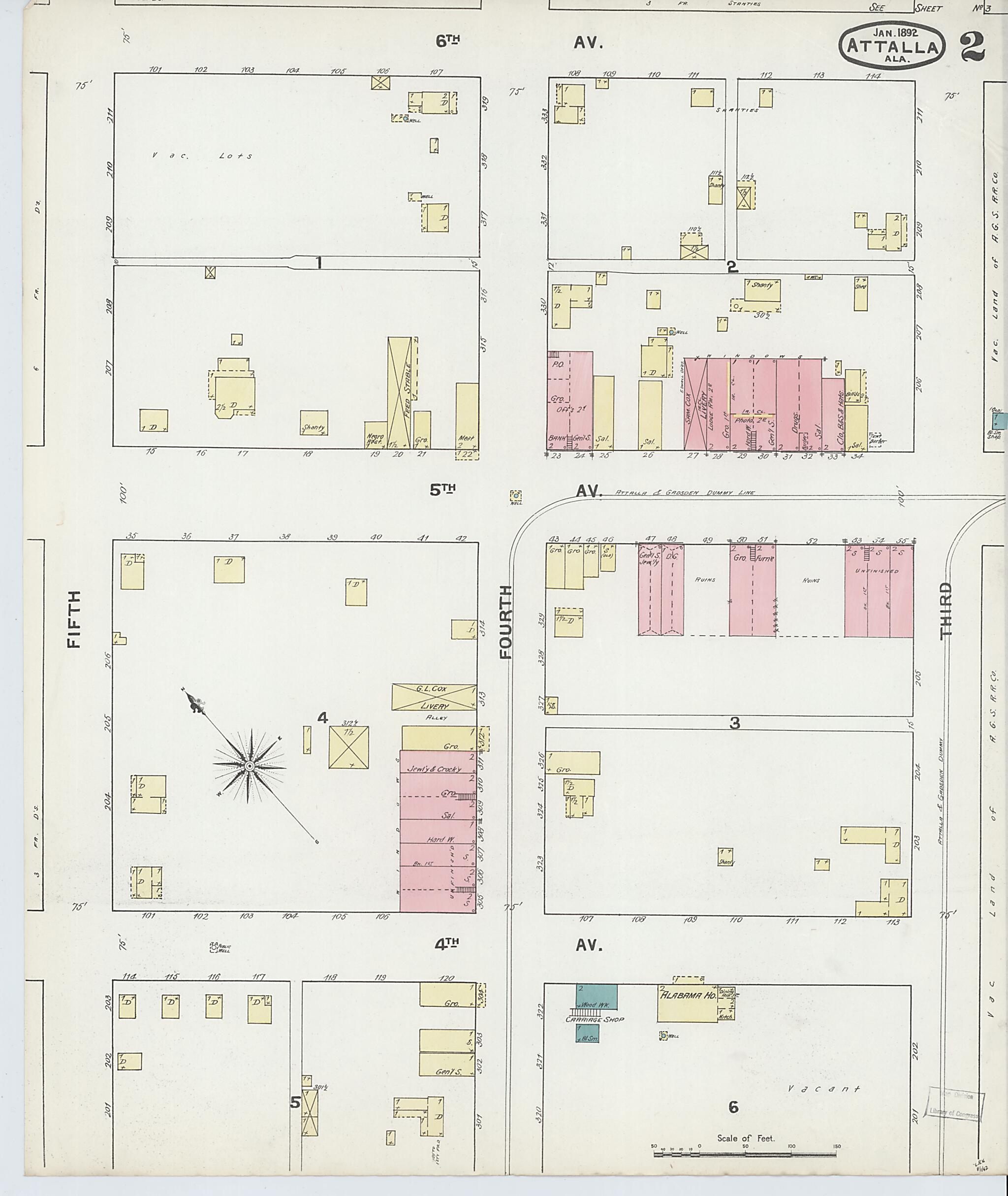 This old map of Attalla, Etowah County, Alabama was created by Sanborn Map Company in 1892