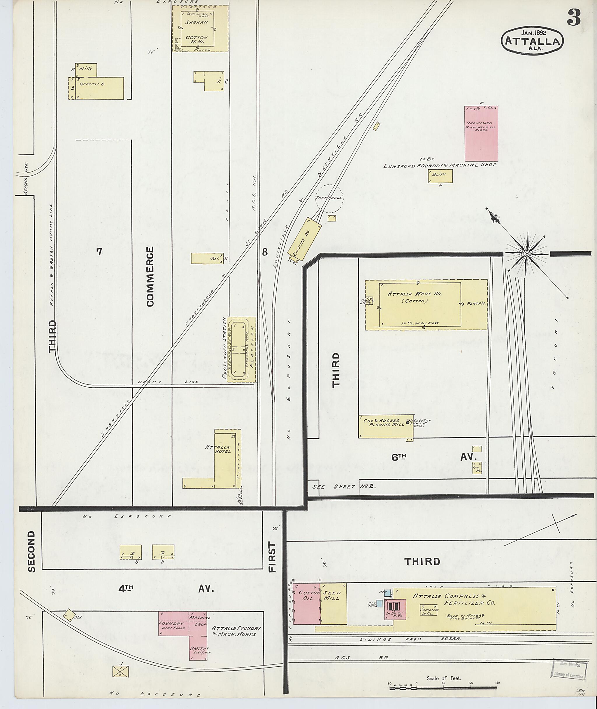 This old map of Attalla, Etowah County, Alabama was created by Sanborn Map Company in 1892