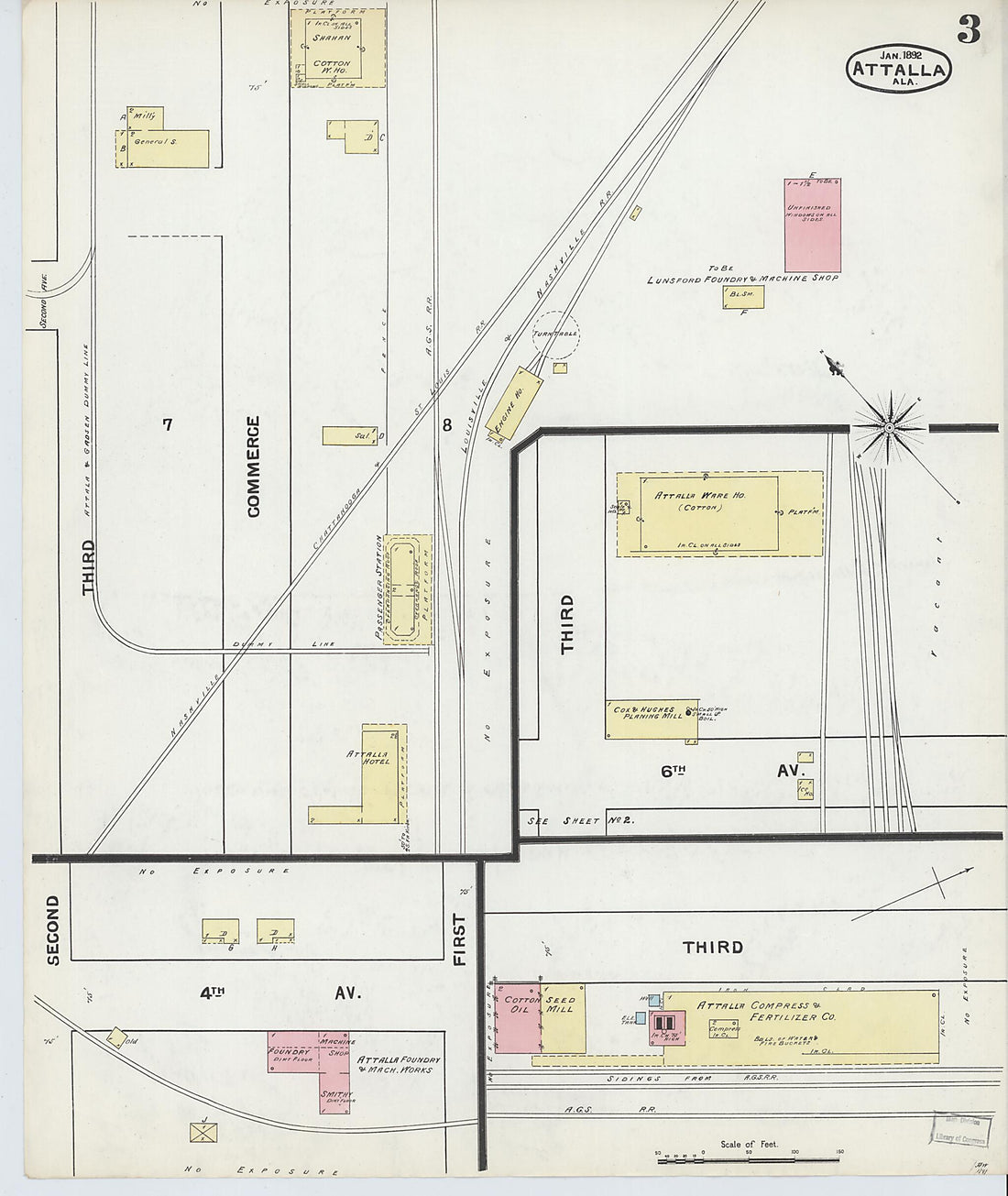 This old map of Attalla, Etowah County, Alabama was created by Sanborn Map Company in 1892