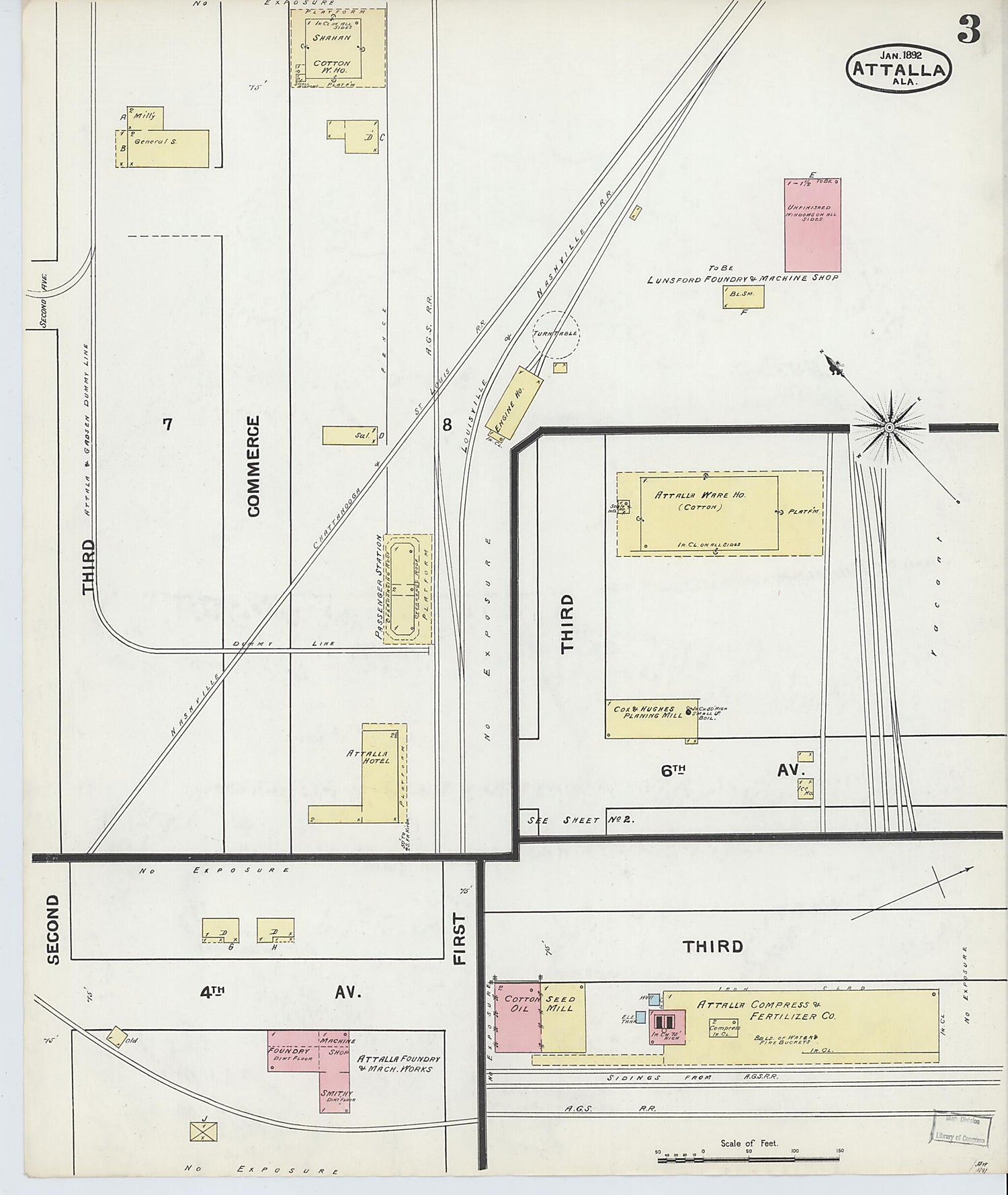 This old map of Attalla, Etowah County, Alabama was created by Sanborn Map Company in 1892