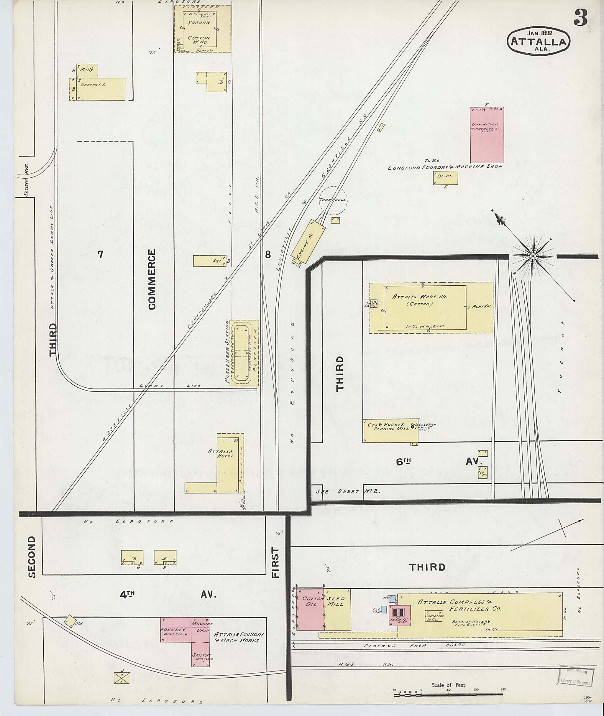 This old map of Attalla, Etowah County, Alabama was created by Sanborn Map Company in 1892